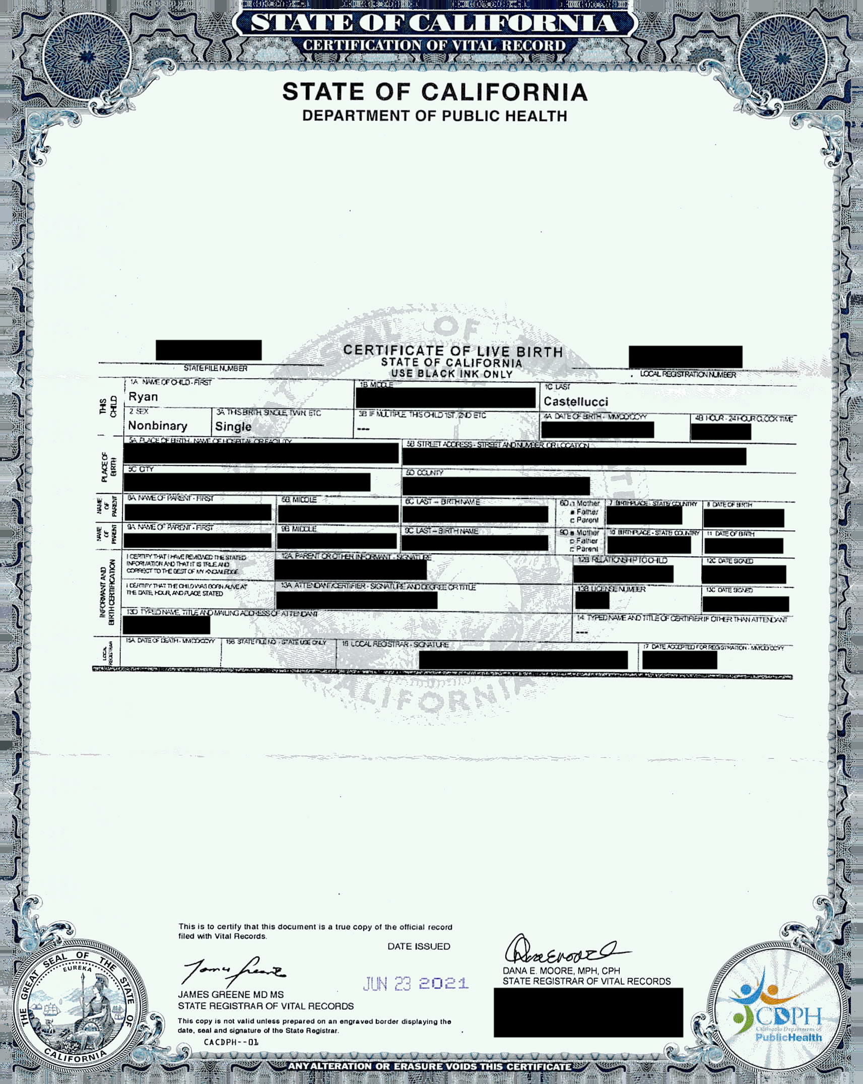 A redacted copy of non-binary American Ryan Castellucci