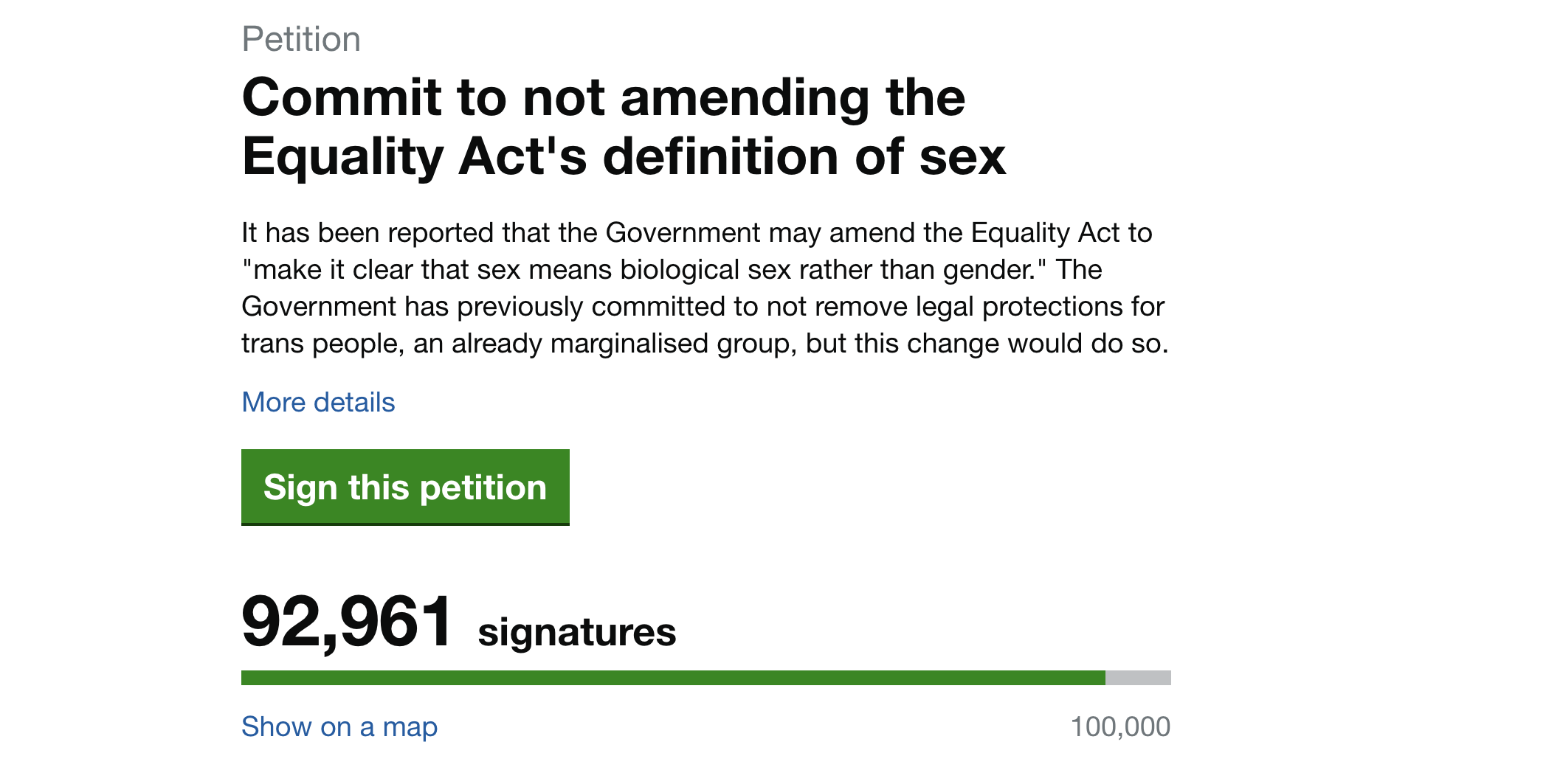 Petition calling for the Government not to change the Equality Act definition of &quot;sex&quot; to &quot;biological sex&quot;