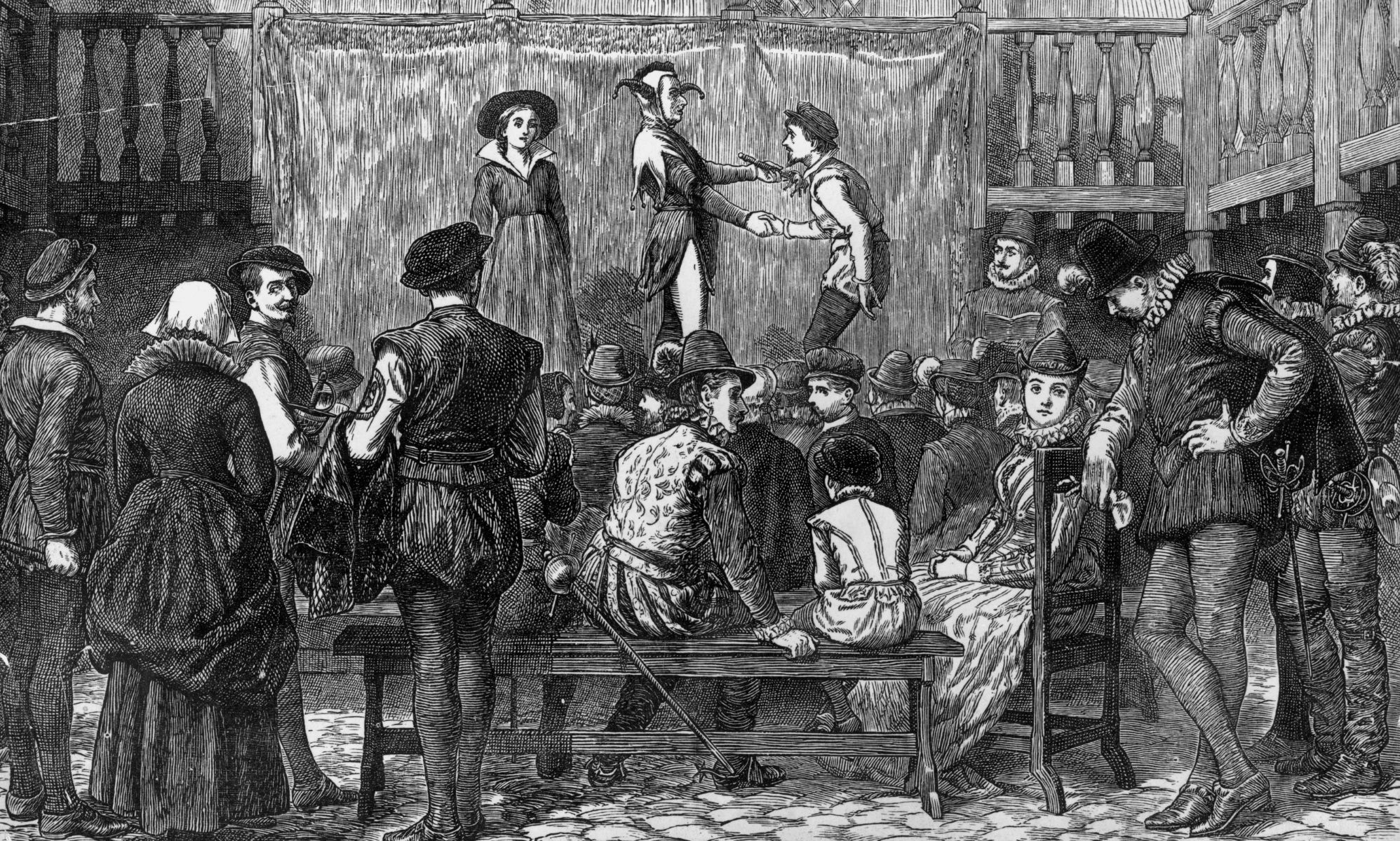 A drawing from history of actors, including male actors playing female parts in drag, on stage to perform William Shakespeare