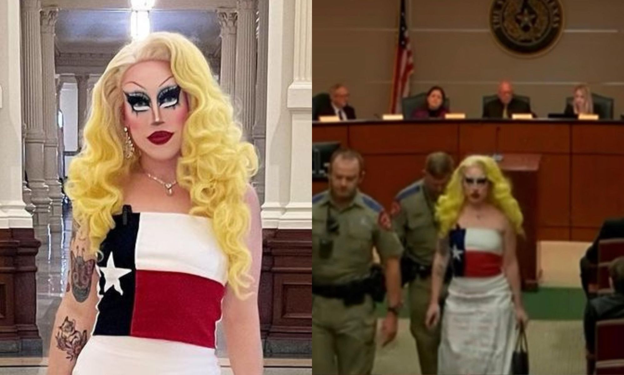 Texas drag queen challenges drag ban bill in dress bearing names of mass shooting victims