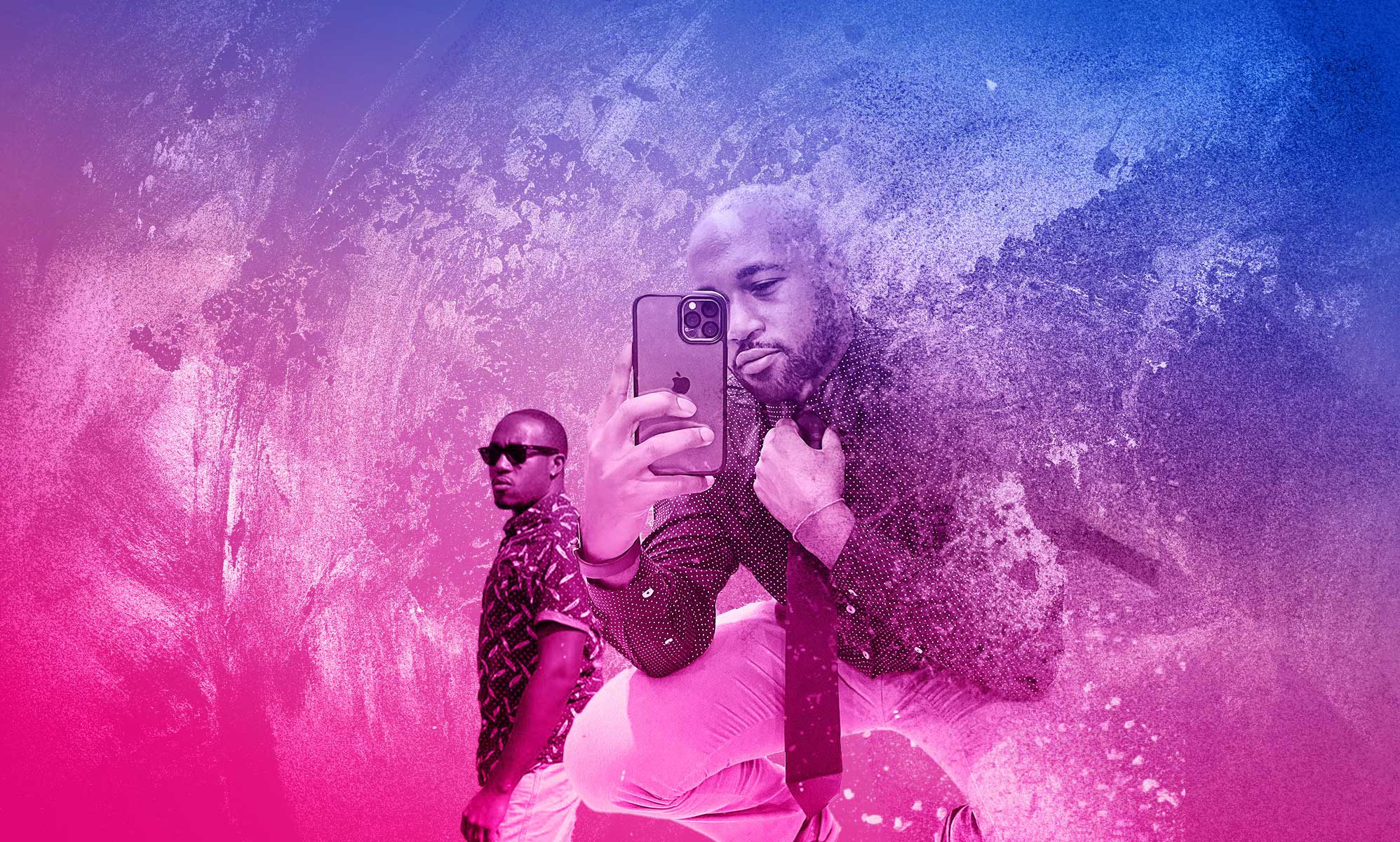 A composite image of poet Astone Jackson set over the colours of the bisexual Pride flag, blue and pink