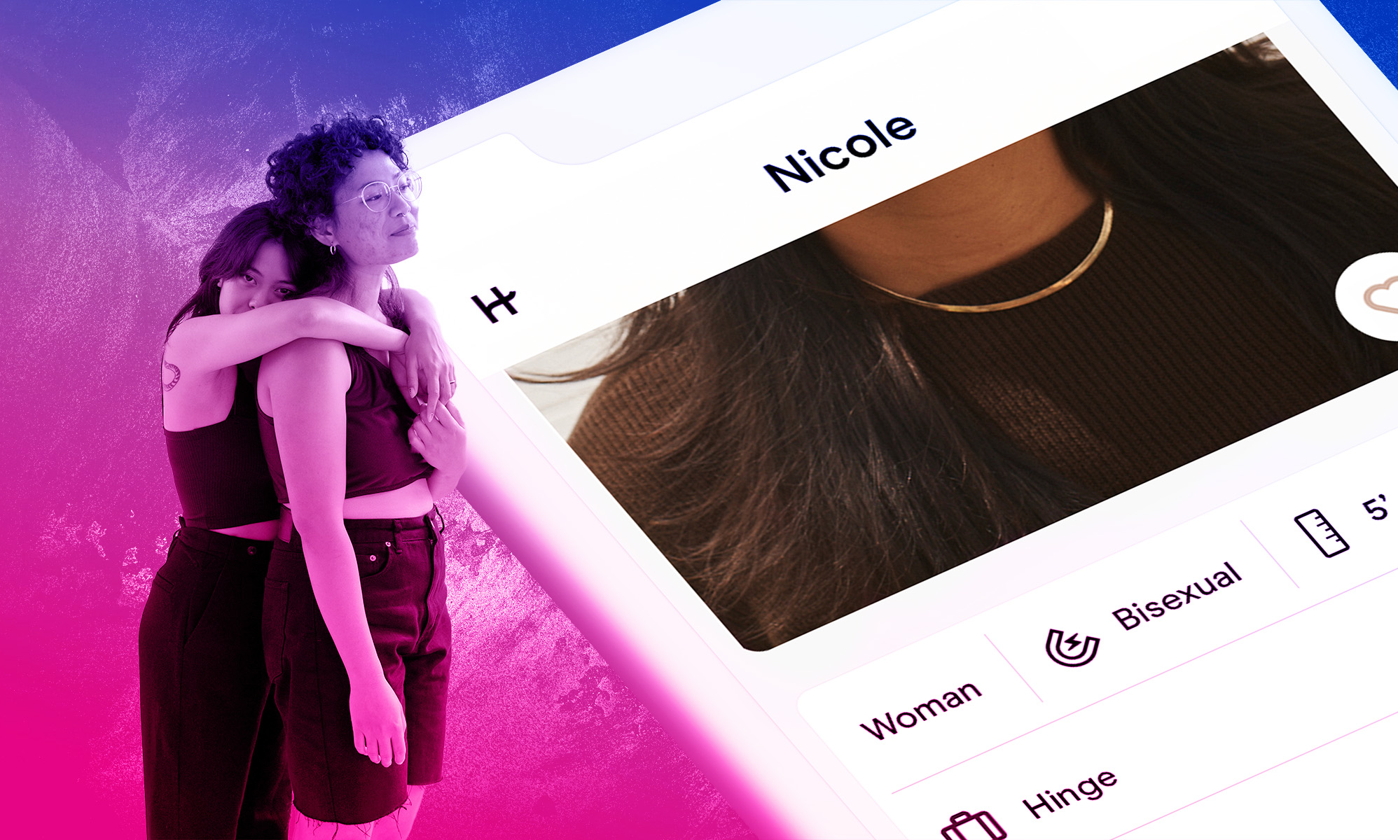 A composite image featuring a mobile phone with the Hinge app open and two women embracing