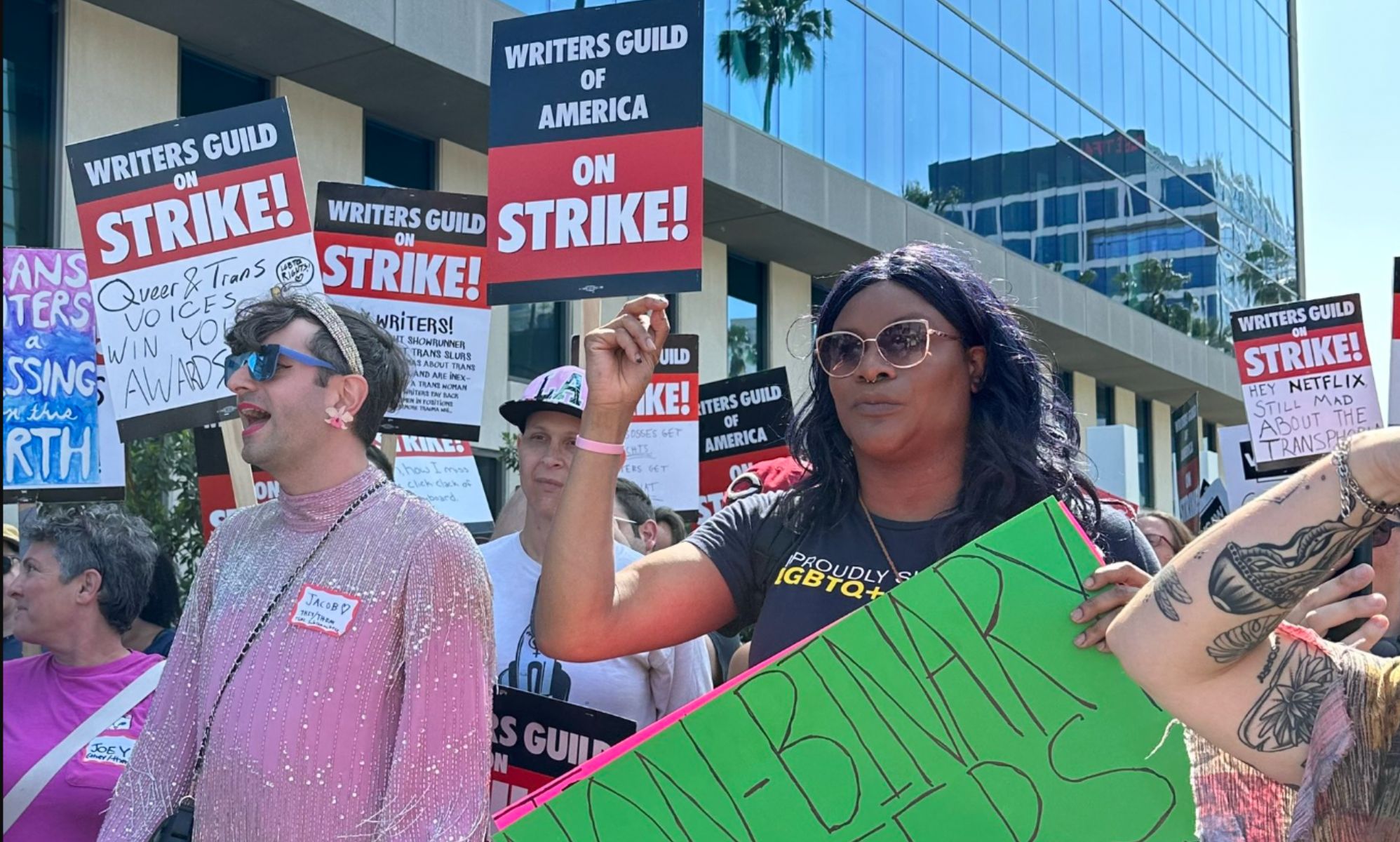Trans TV and film writers stage powerful 'trans takeover' outside Netflix amid writers' strike