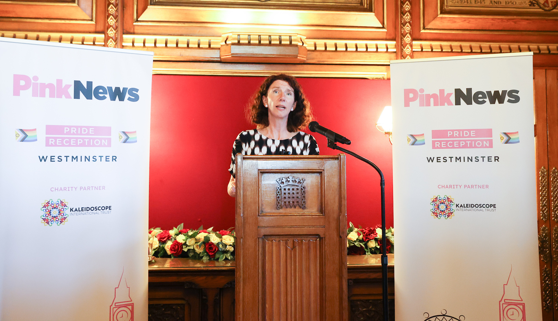 Anneliese Dodds addressing the PinkNews Westminster Pride Reception. (PinkNews)