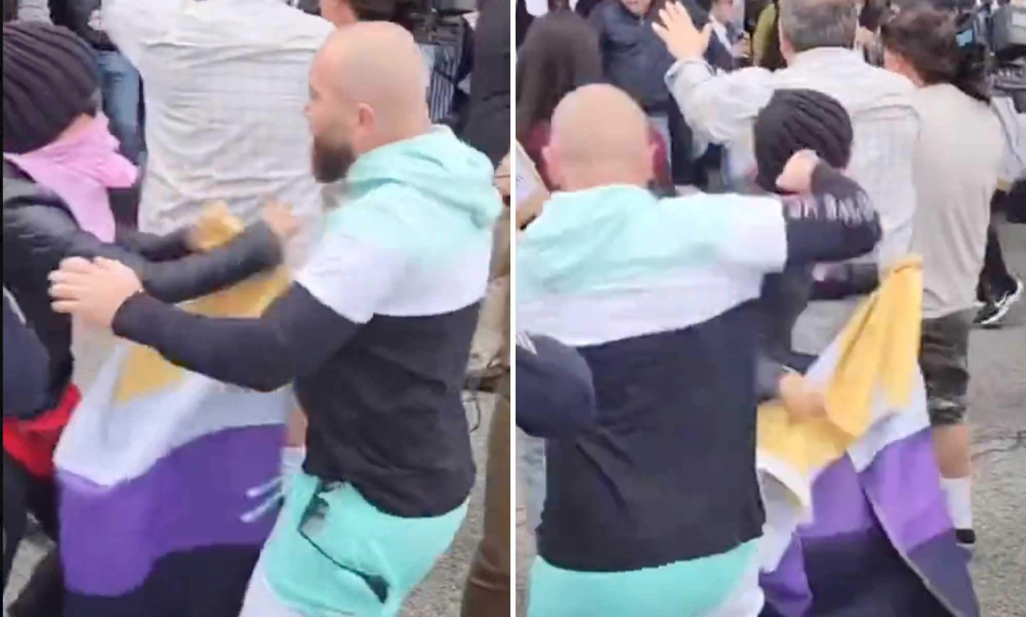 Man punches LGBTQ+ activist in head during violent brawl over school board's Pride meeting