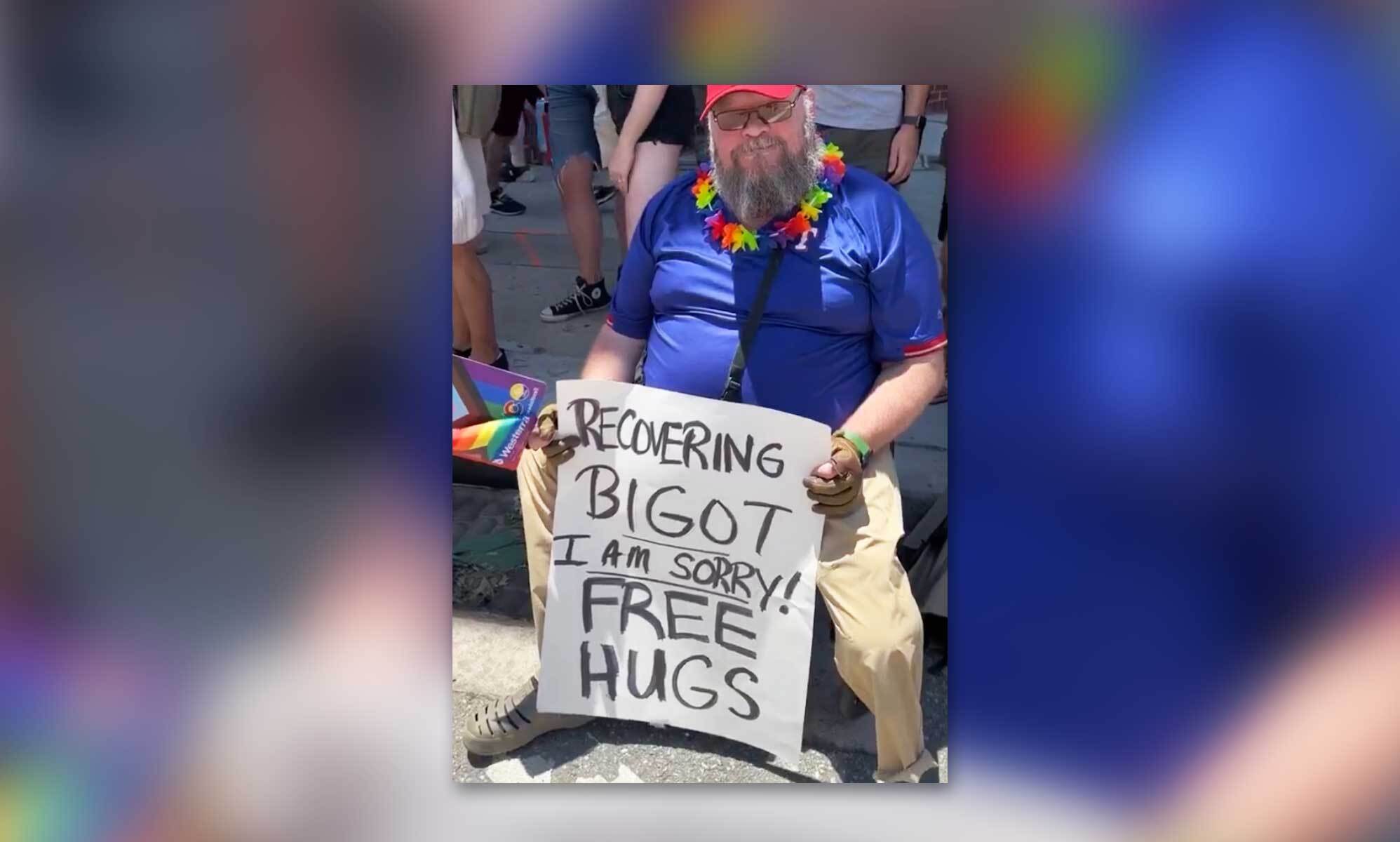 'Recovering bigot' says sorry to LGBTQ+ community with free hugs at Pride march
