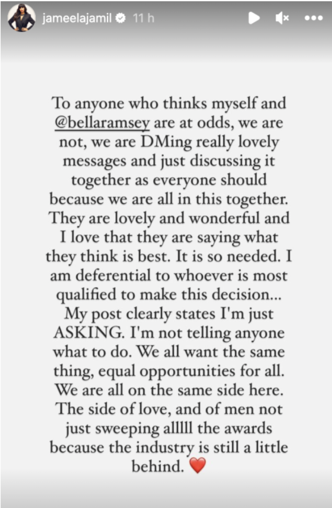 Jameela Jamil responds to feud rumours with Bella Ramsey. 