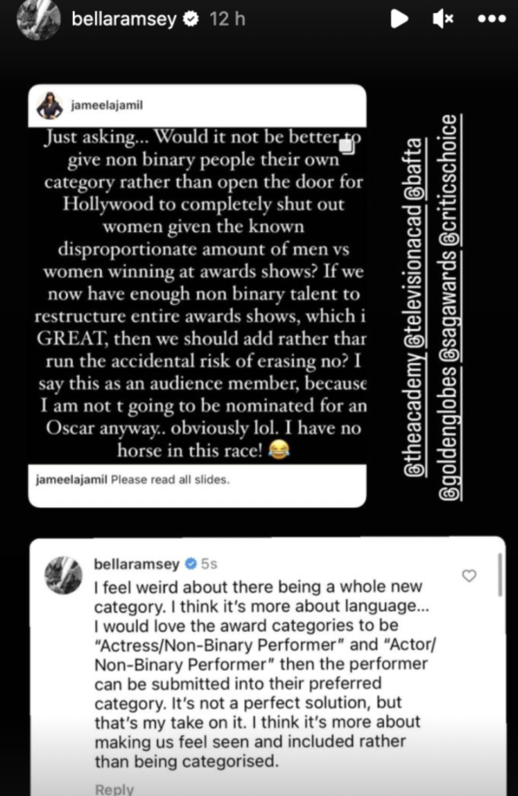 Bella Ramsey responds to Jameela Jamil