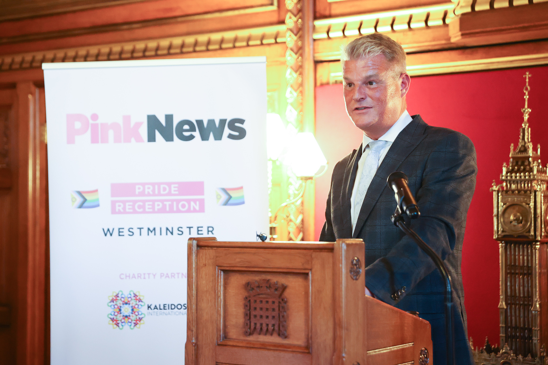 Equalities minister Stuart Andrew speaking at the PinkNews Westminster Pride Reception