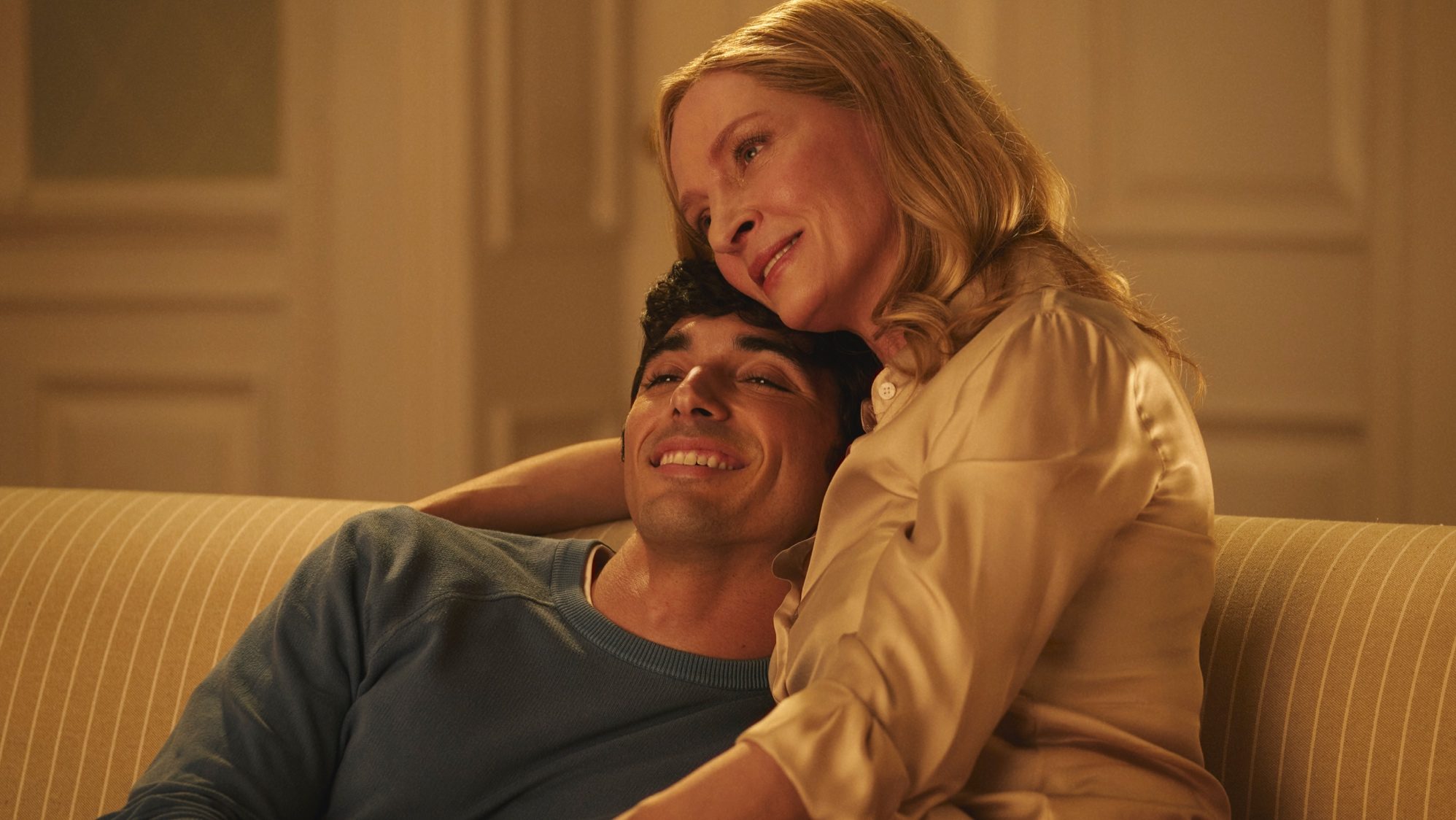 Taylor Zakhar Perez as Alex (L) and Uma Thurman as the POTUS (R) in Red, White &amp; Royal Blue.