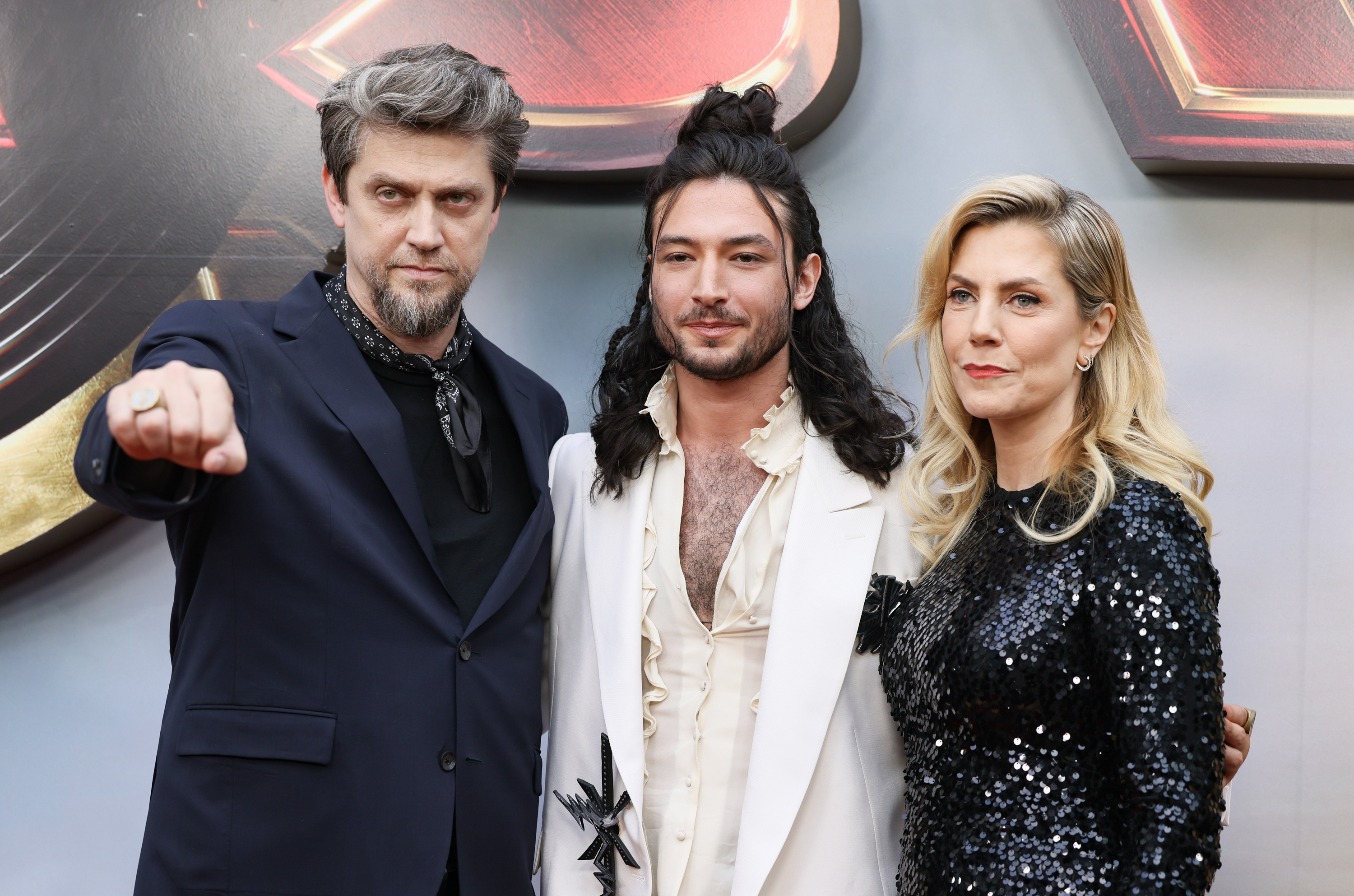 Andrés Muschietti, Ezra Miller and Barbara Muschietti attend the Los Angeles premiere of The Flash (Getty)