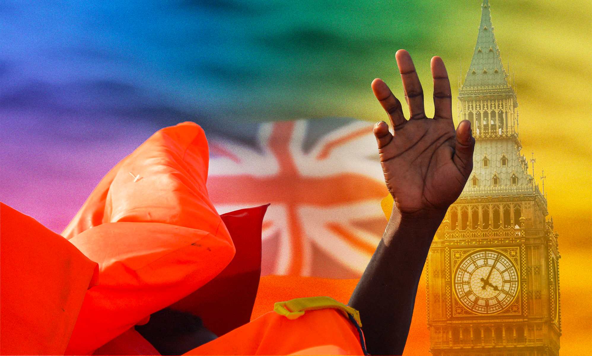 A hand reaching towards the sky in front of a union jack flag