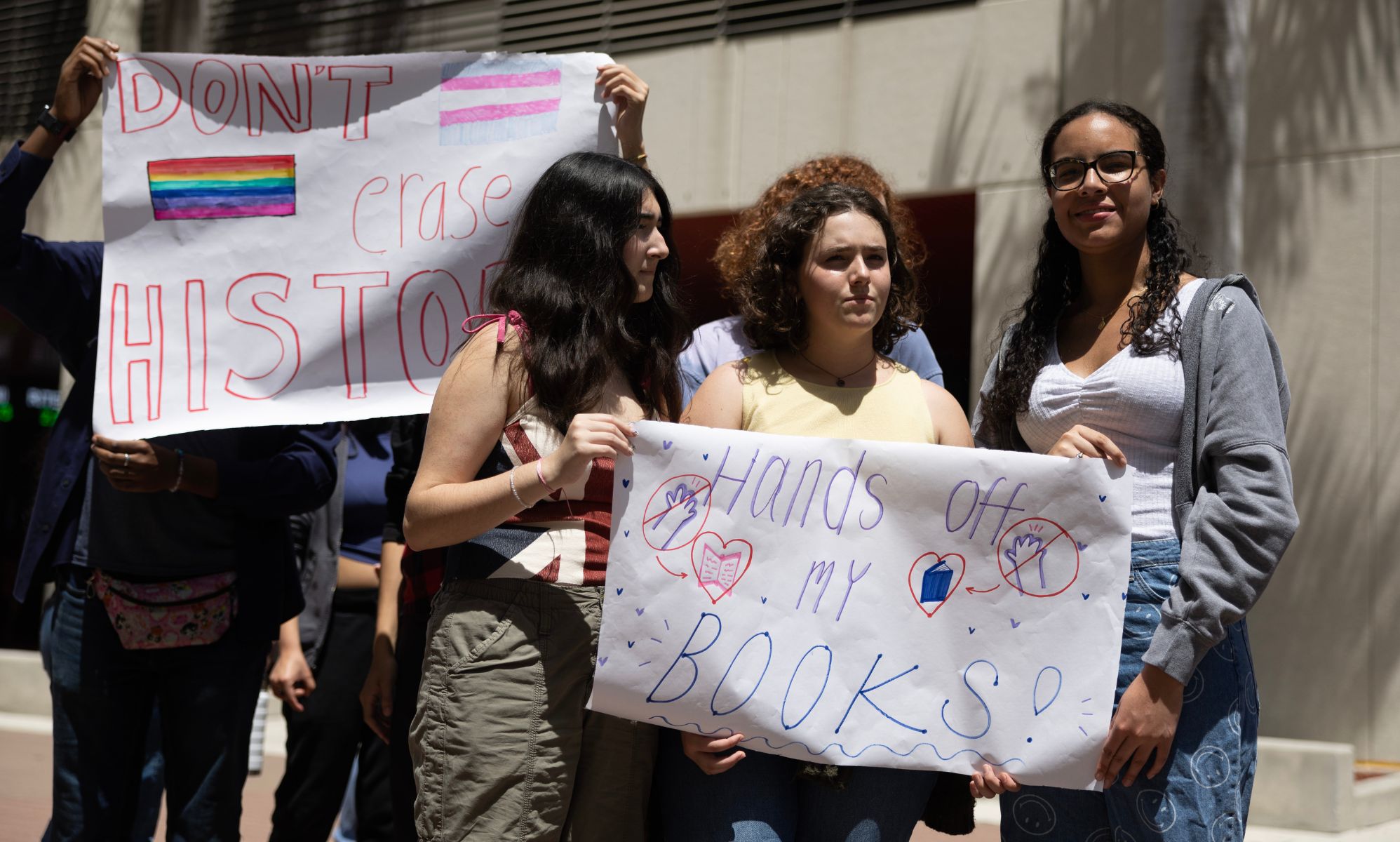 Students gather in support of LGBTQ+ inclusive education and trans-inclusive policies in schools in the US