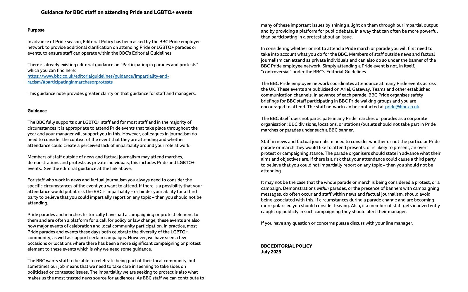 BBC guidance for attending Pride