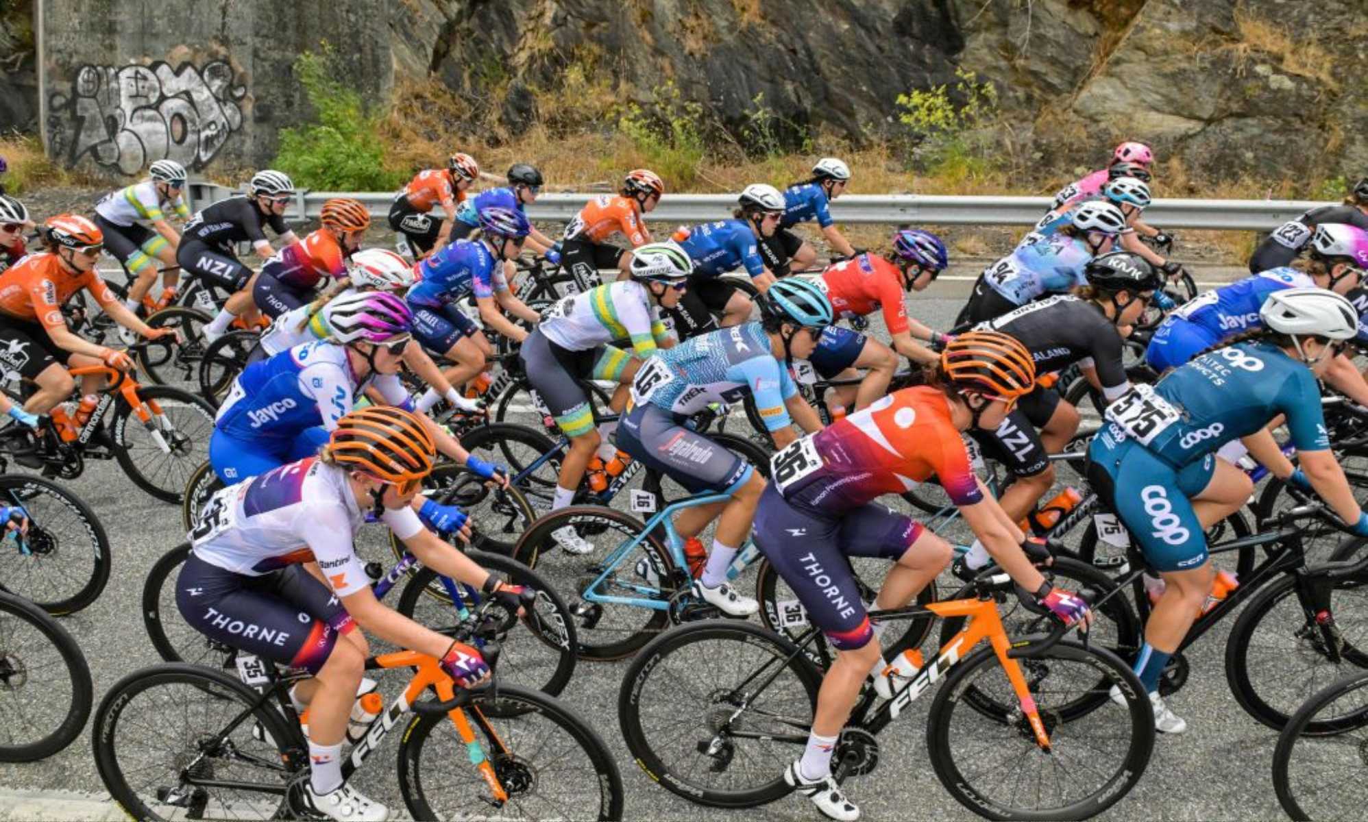 The peloton rides along Gorge Road during stage three of the Women