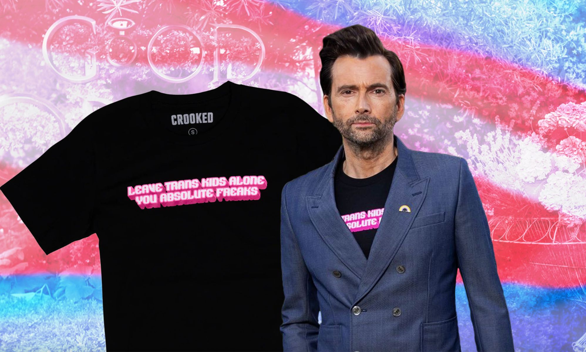 An image showing David Tennant wearing a t-shirt with a message of support for trans youth on it.