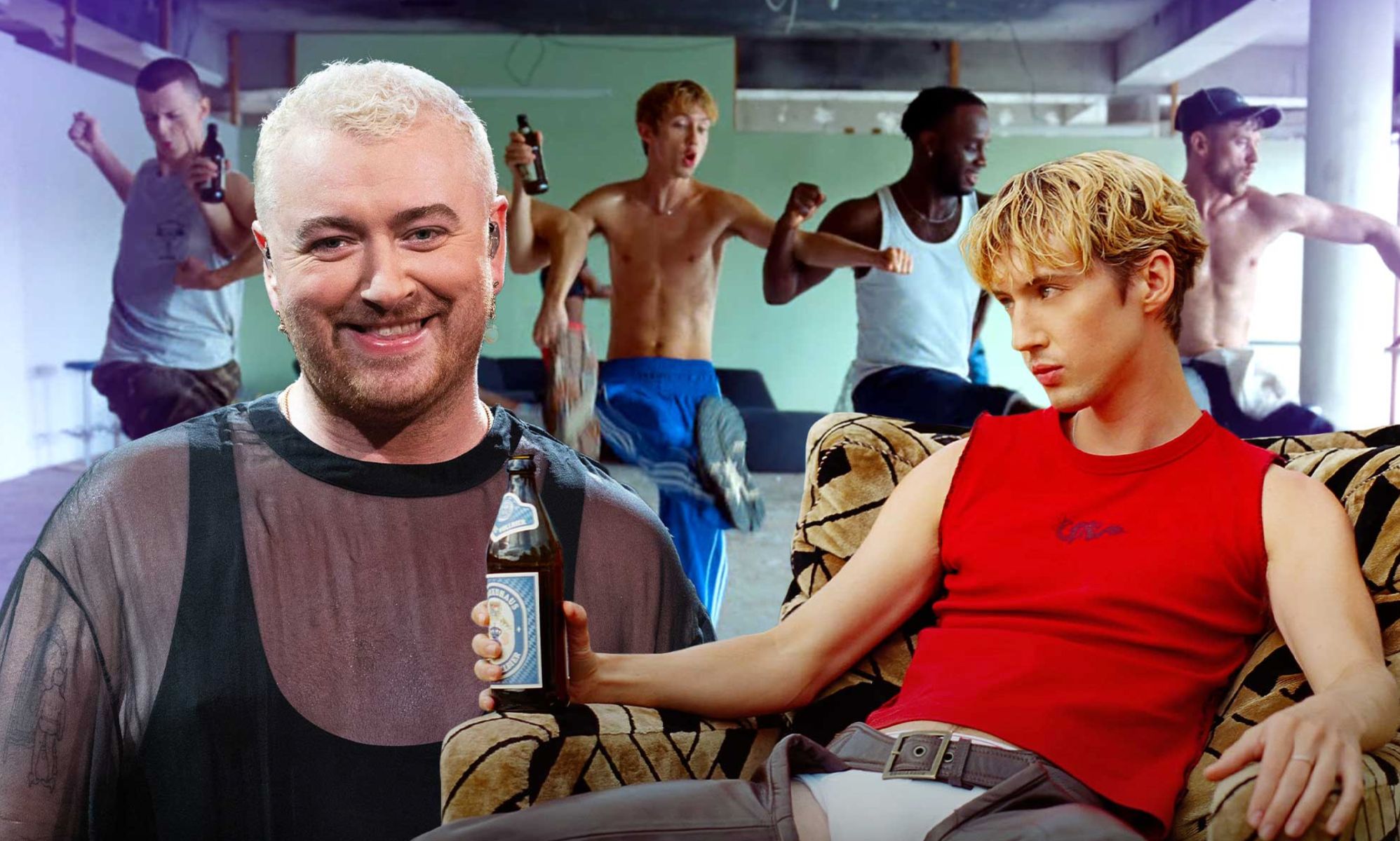 This picture shows queer singers Sam Smith and Troye Sivan against a still of Troye Sivan