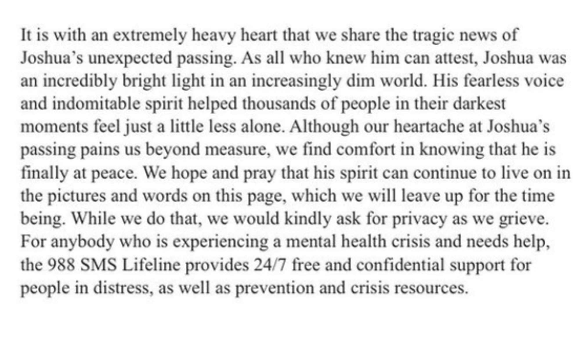 A statement on the passing of Josh Seiter