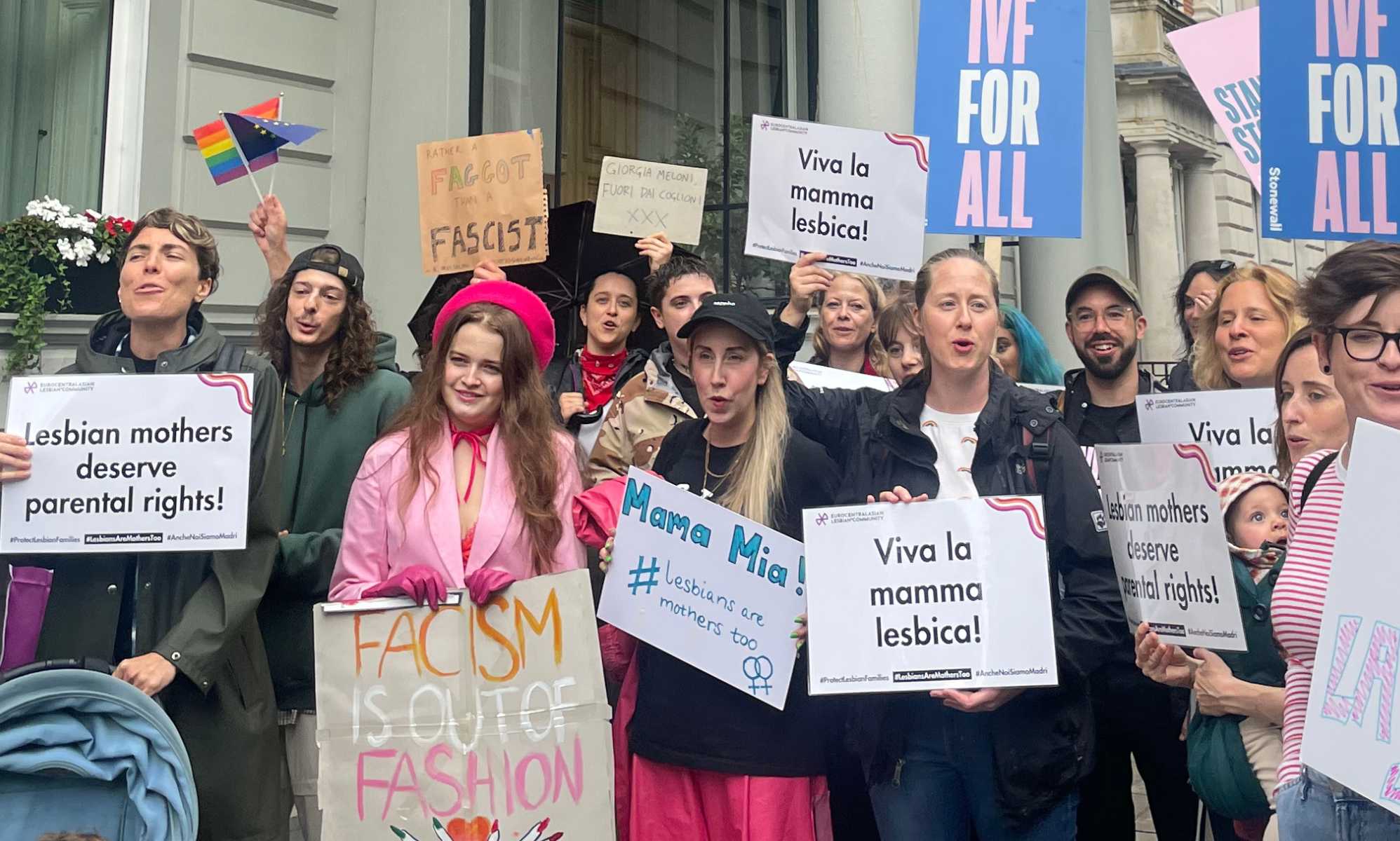 Protestors rally in London over Italy's stripping of lesbian mums from birth certificates