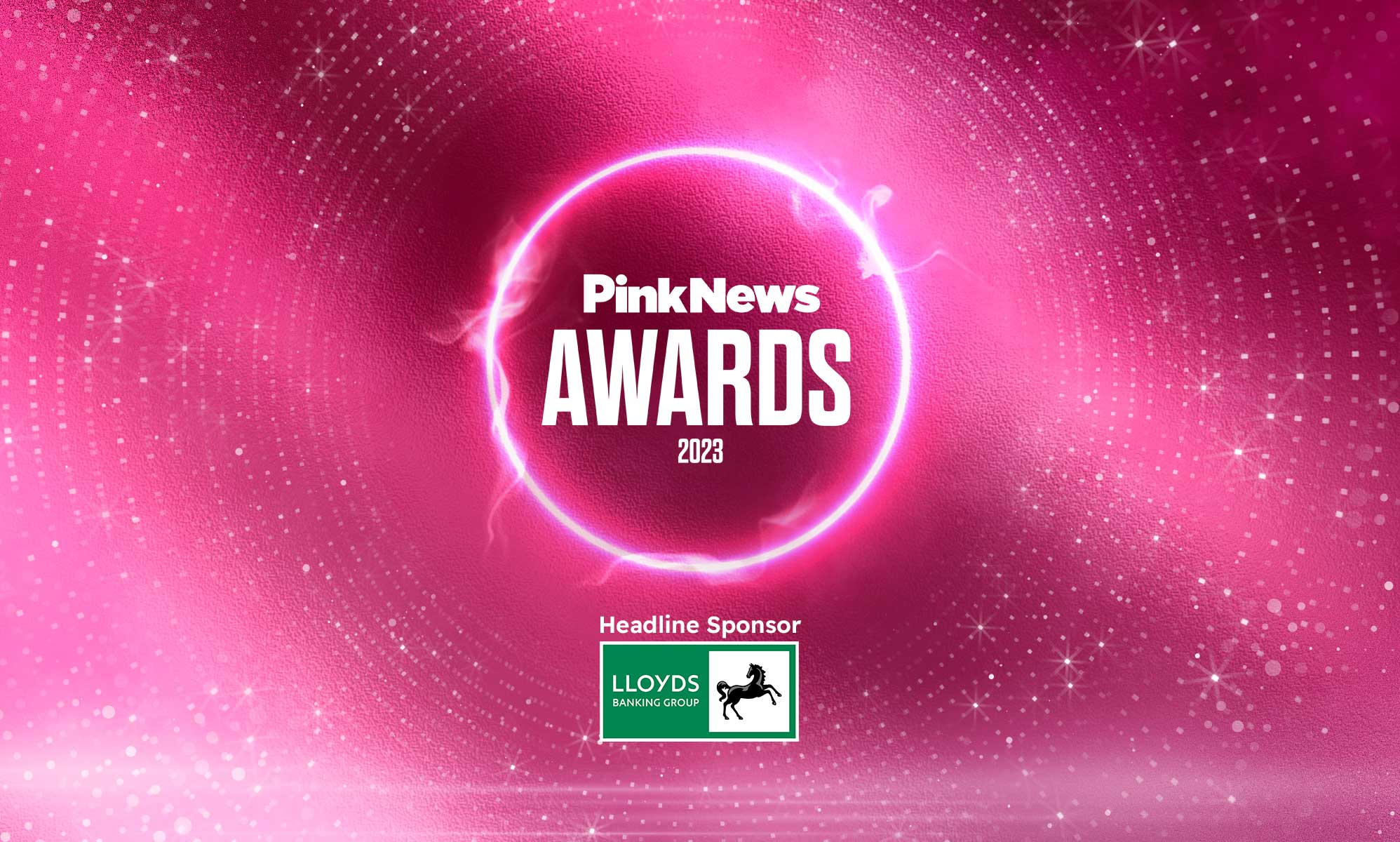 This a graphical image promoting the PinkNews Awards, which is written in white text over a pink background with a flourescent outline.