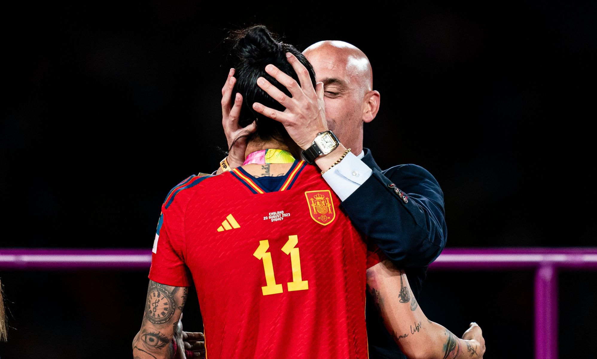 Spanish football federation boss Luis Rubiales kisses Jenni Hermoso on the lips without her consent during the World Cup final