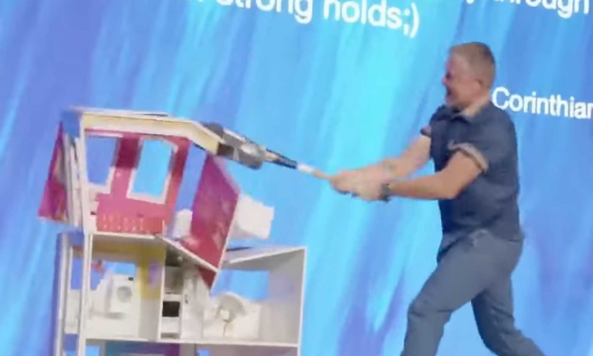 Are religious people OK? Pastor smashes Barbie Dream House with Bible taped to baseball bat