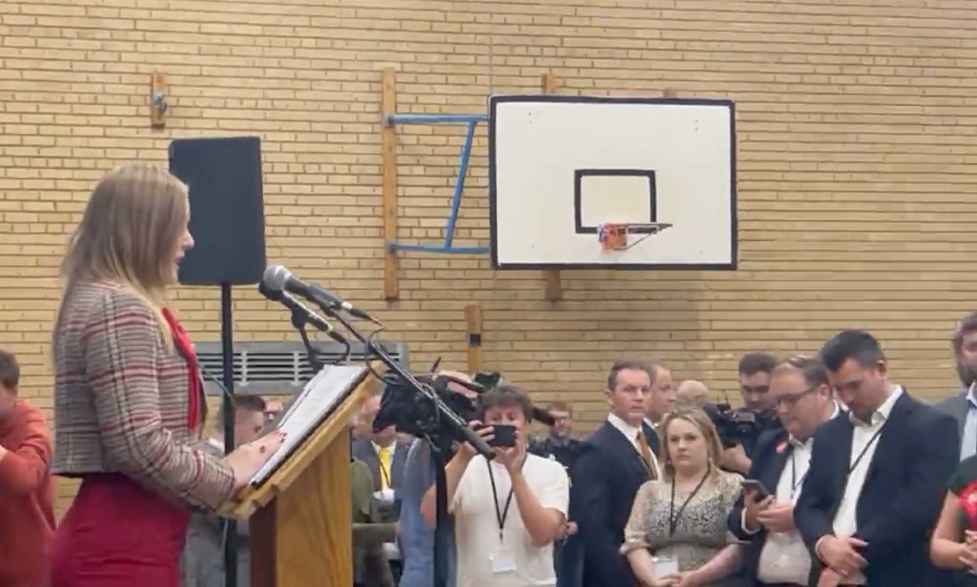 Tamworth Tory candidate Andrew Cooper flees building as Labour winner begins victory speech 