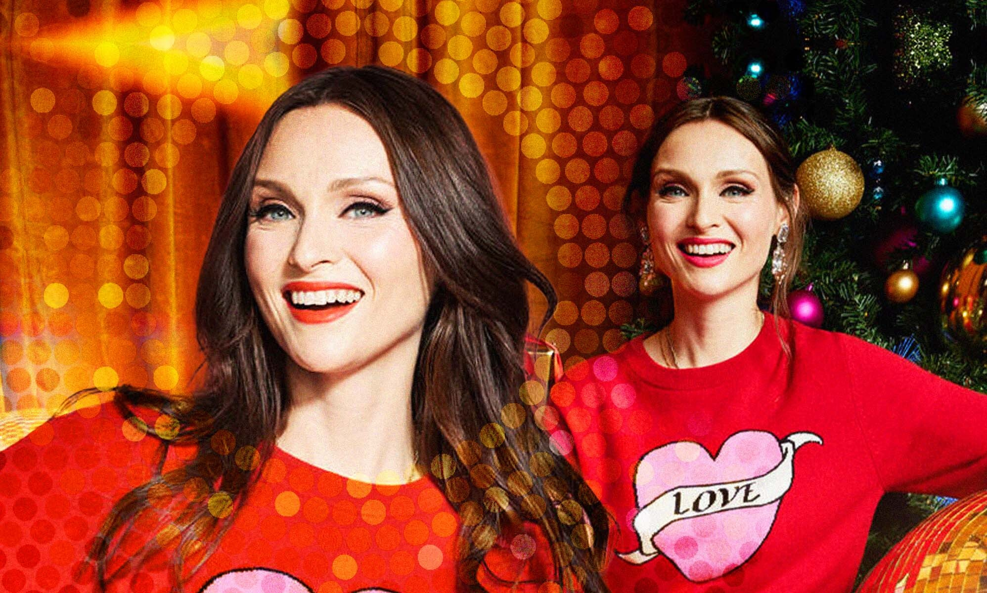 Singer Sophie Ellis-Bextor wearing a Christmas jumper with a heart on it that reads the word 