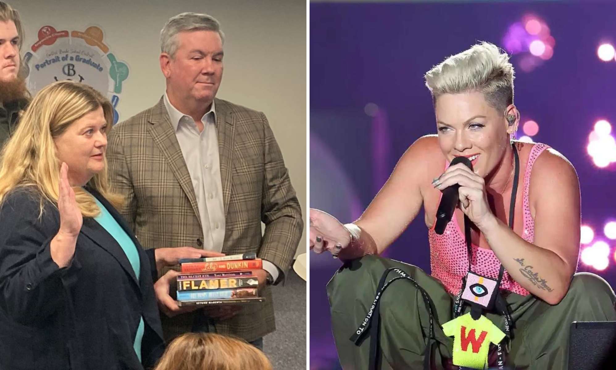 Pink celebrates hometown as school board president swears in on banned books