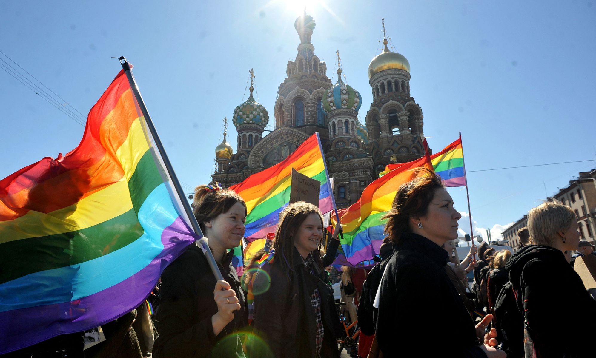 LGBTQ+ rights activists during a protest in St. Petersburg.