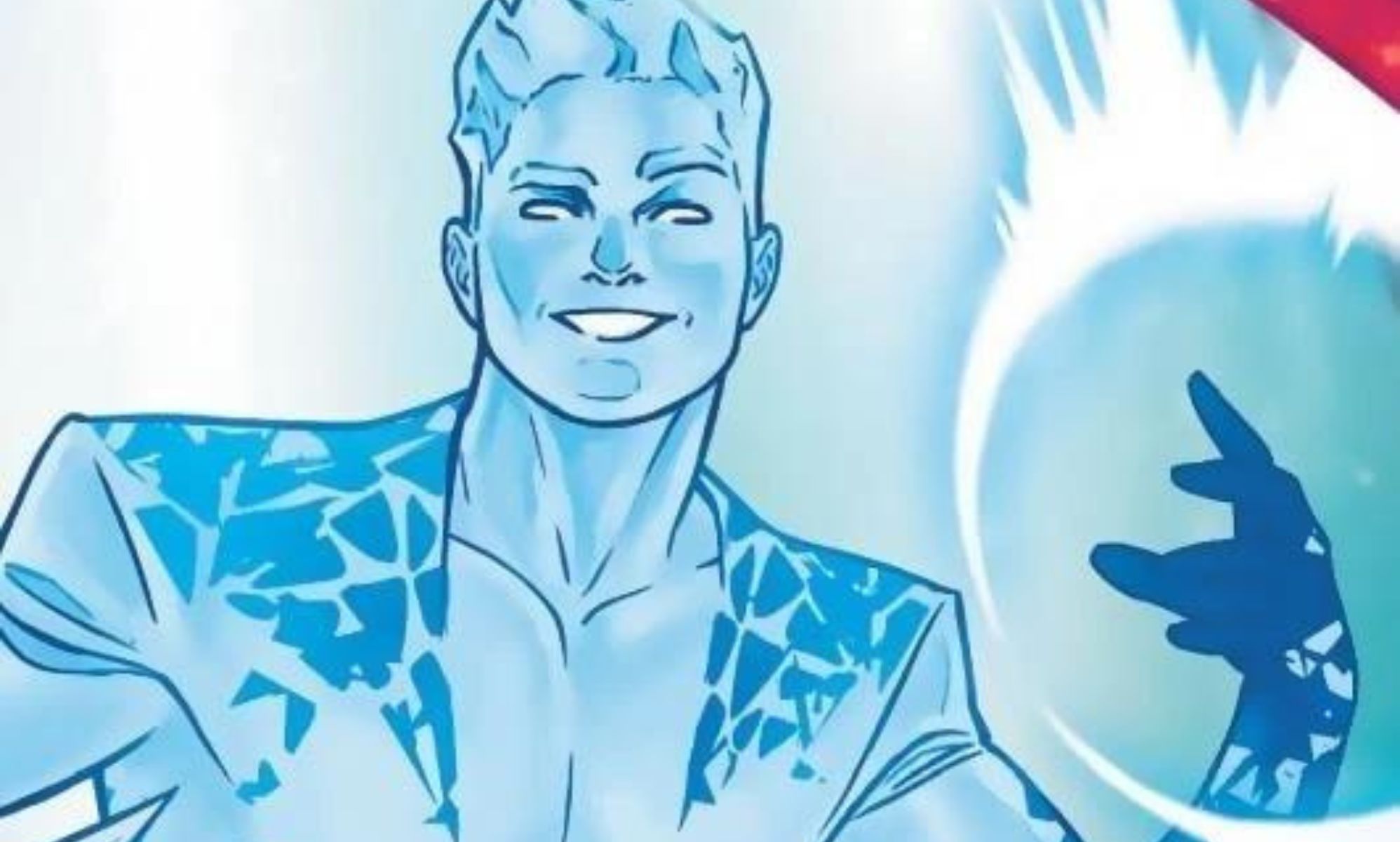 An illustrated picture of a man made of ice smiling and raising his hand.