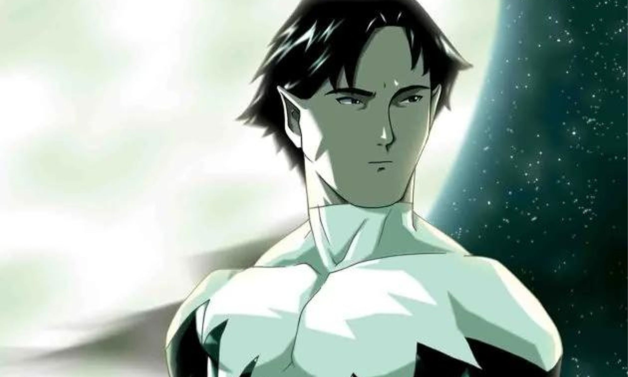 A black haired man in a white and black costume stands infront of the moonlight.