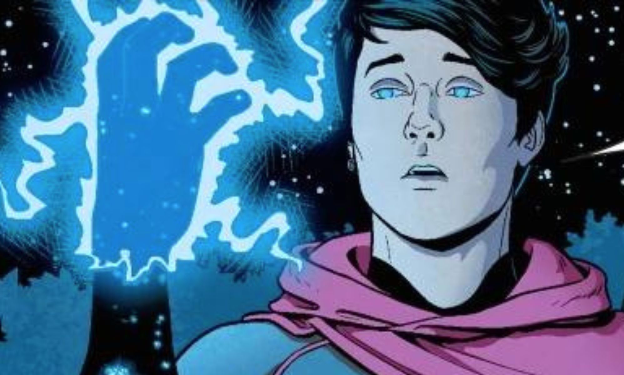 A young man holds up his hand, which is blue with electricity. Illustrated.