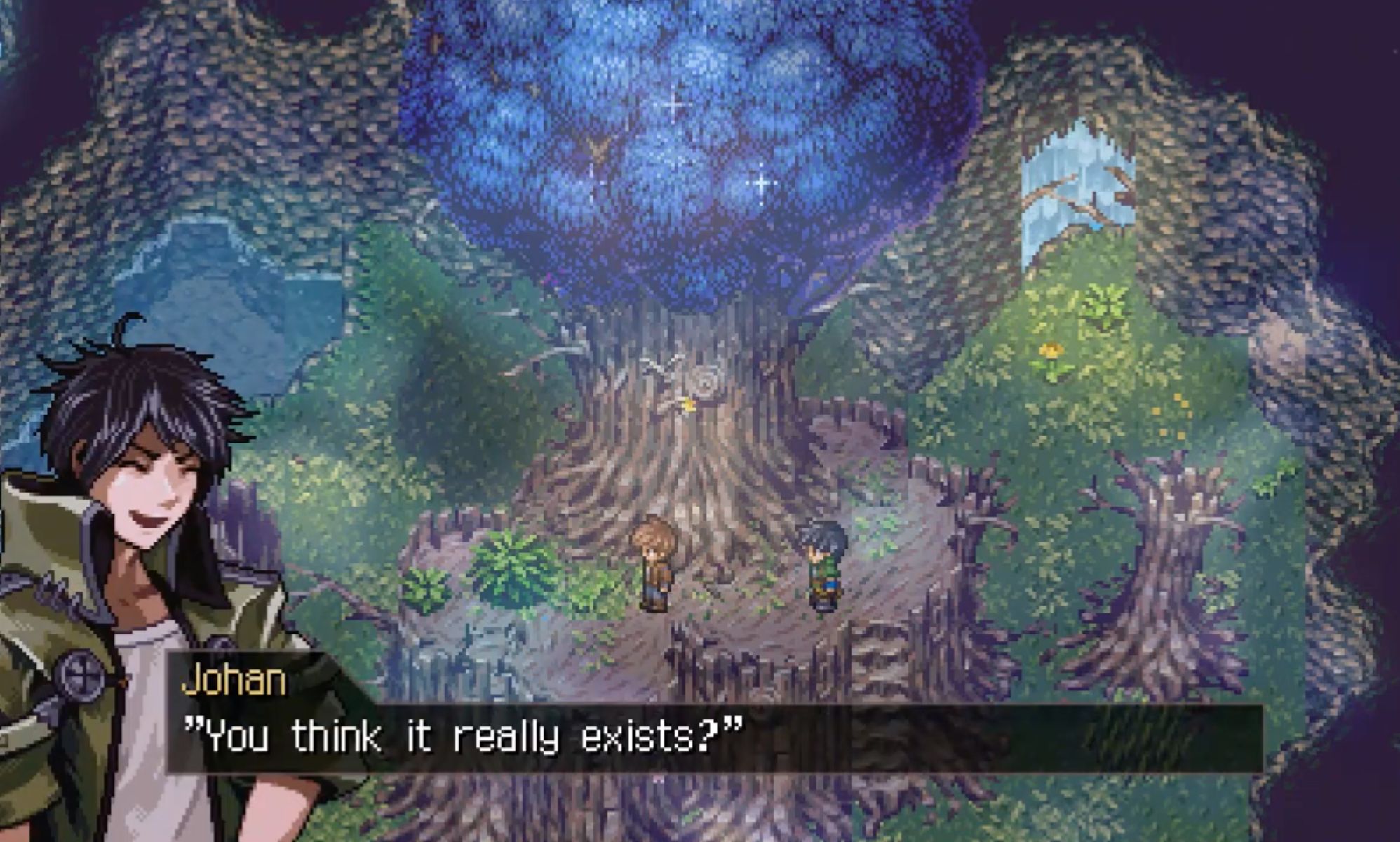 A screenshot of video game character Johan saying &quot;do you believe it exists&quot; as he stands alongside another male character in Beloved Rapture, a video game with LGBTQ+ characters