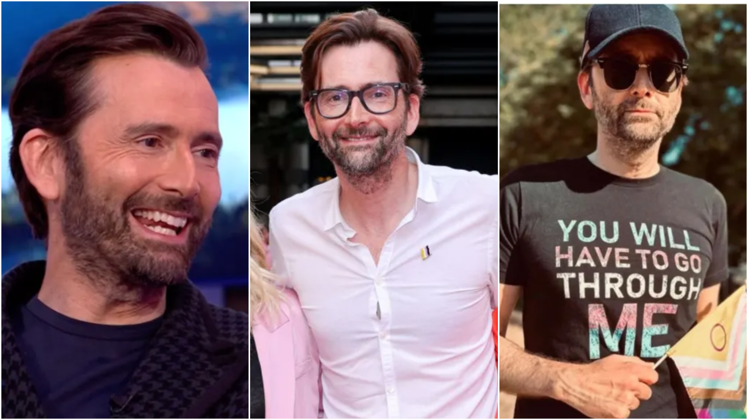 Three pictures of David Tennant smiling, in one he