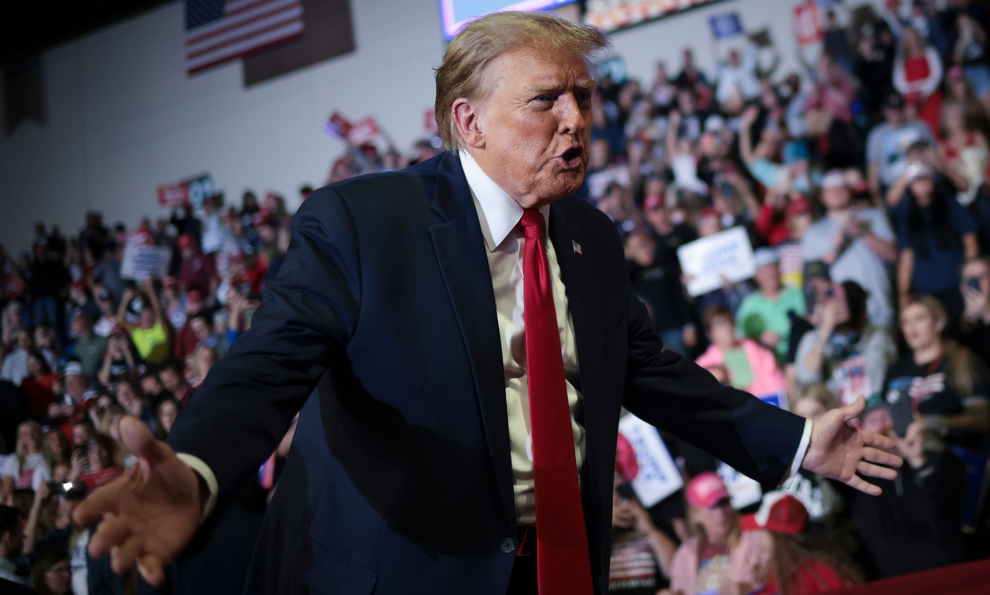 Donald Trump stands before supporters at a 2024 Republican presidential nominee campaign rally in South Carolina where he said he would abandon NATO allies who don
