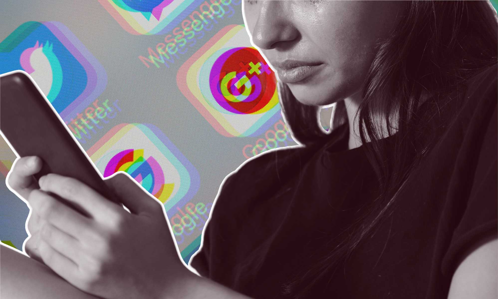 A woman using a phone with social media app icons visible behind her