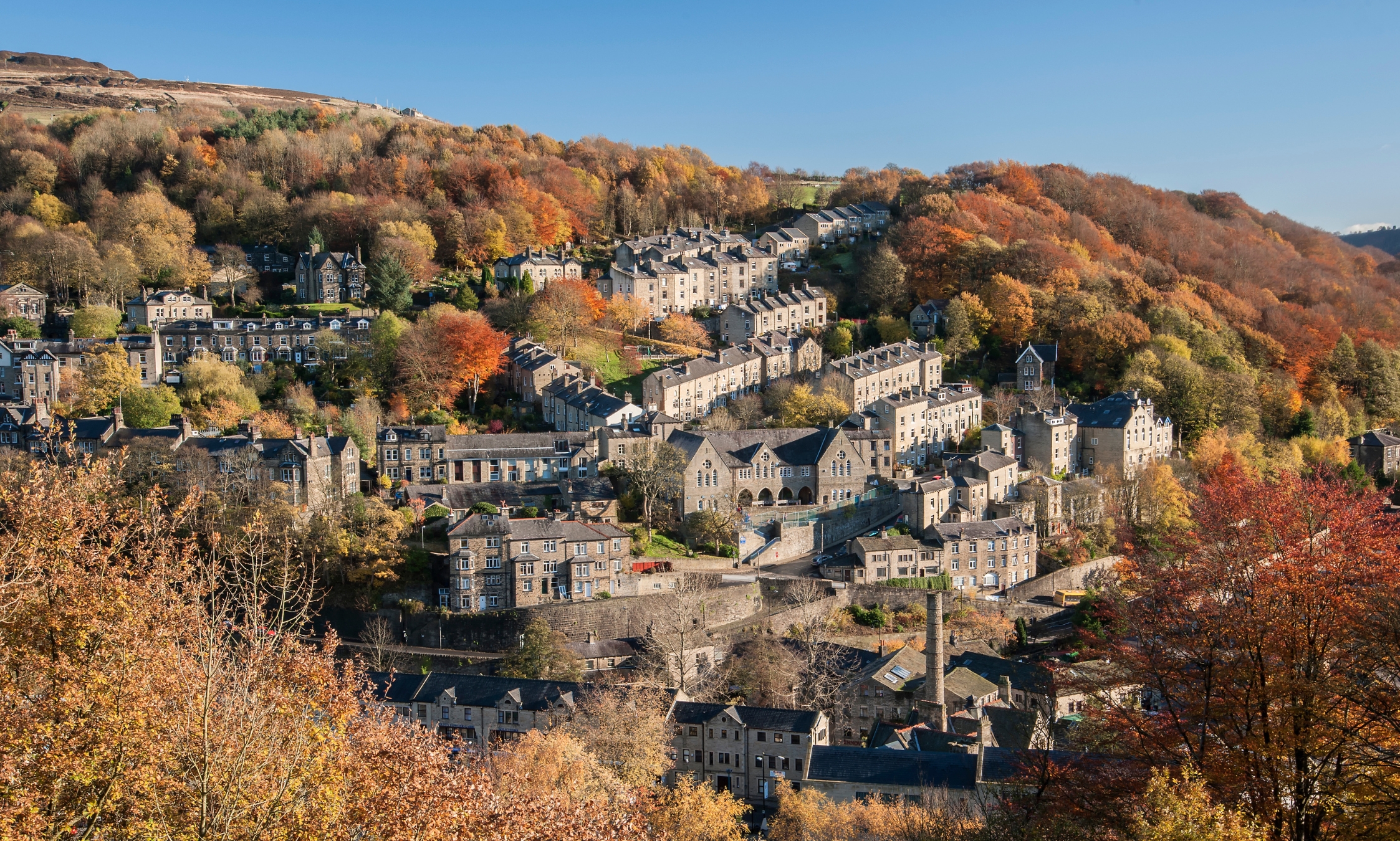 Hebden Bridge town, aerial shot of the village in autumn