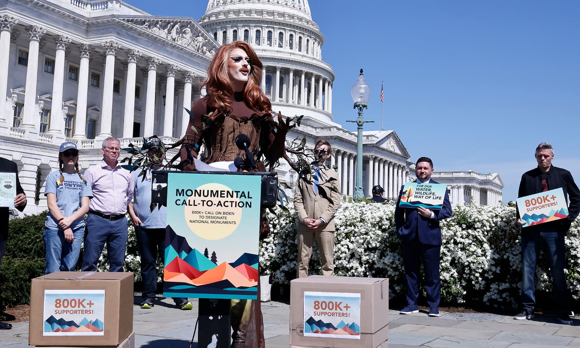 Pattie Gonia speaking outside of the Capitol building.