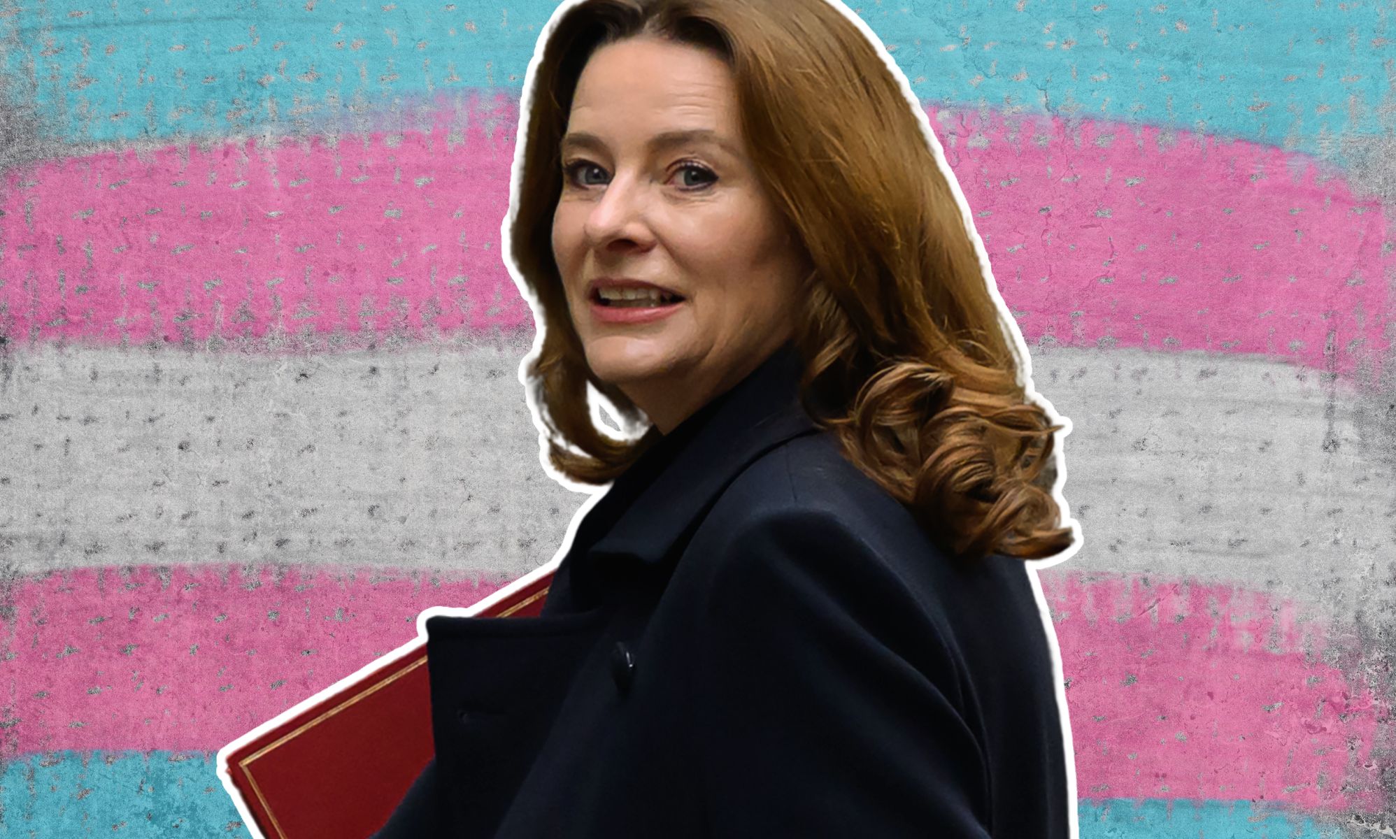 An edited image of Gillian Keegan on top of a trans concrete wall.