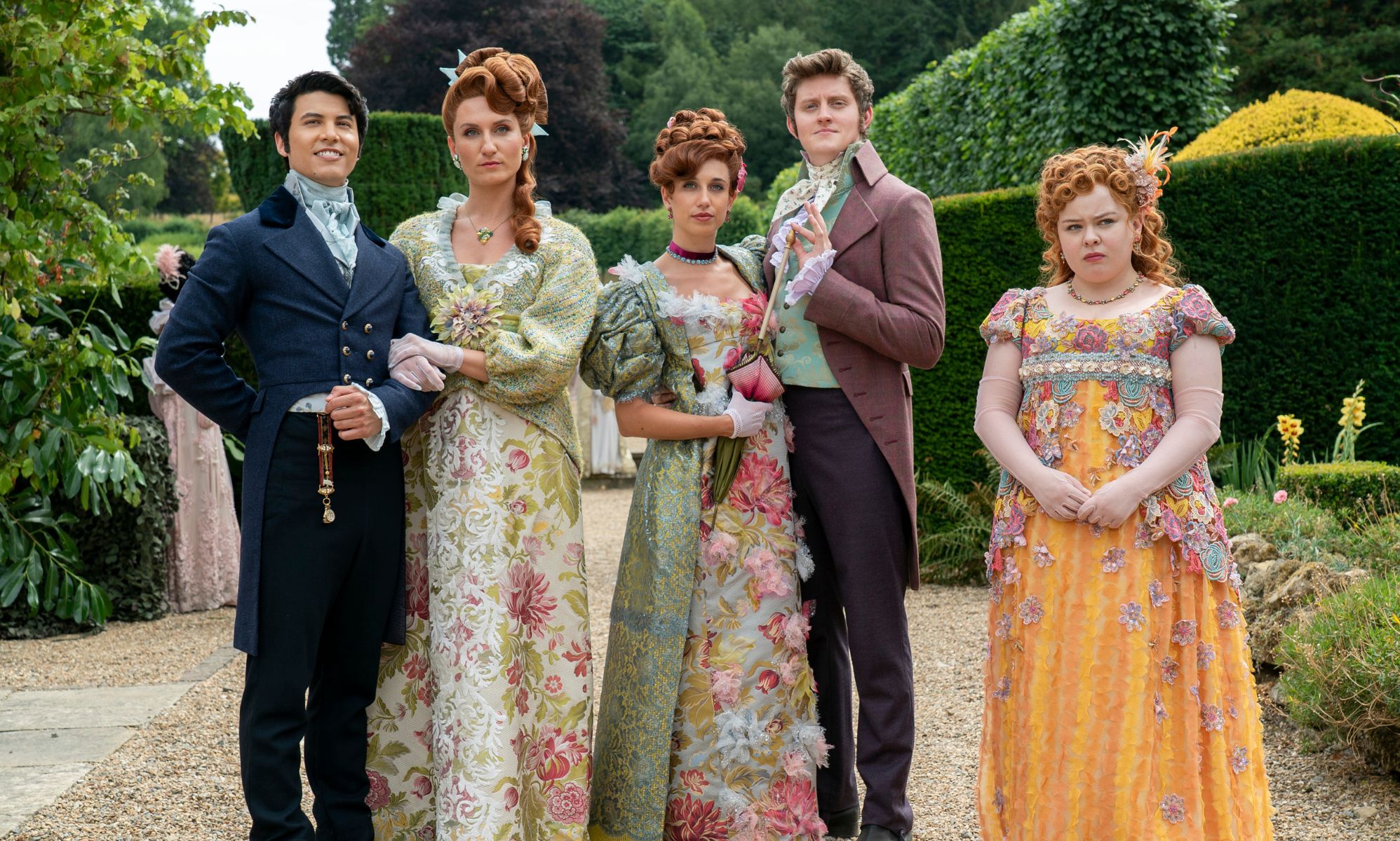 James Phoon as Harry Dankworth in Bridgerton season three, alongside the rest of the Featherington clan.