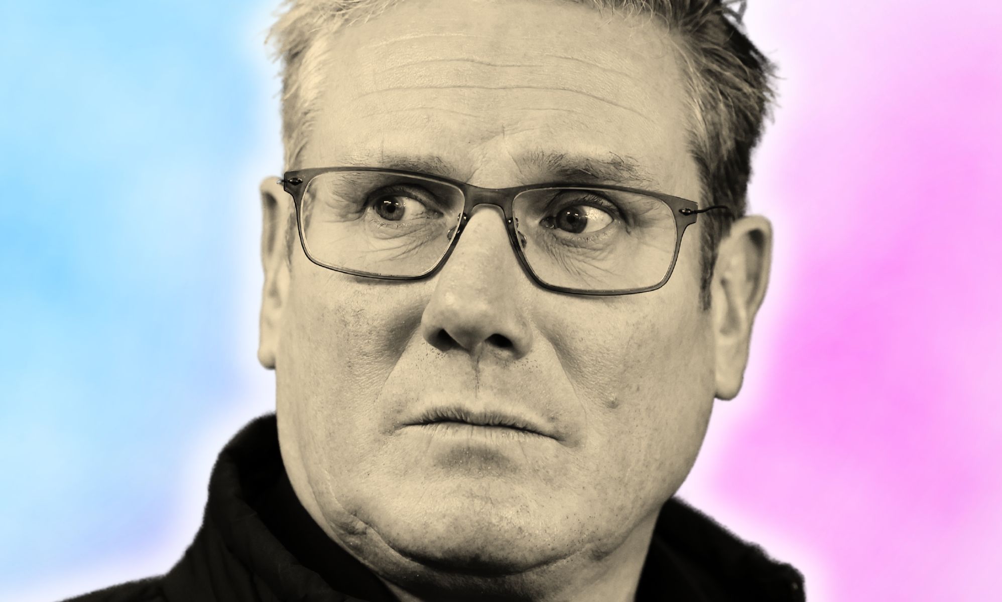 An edited image of Keir Starmer infront of a pink and blue background.