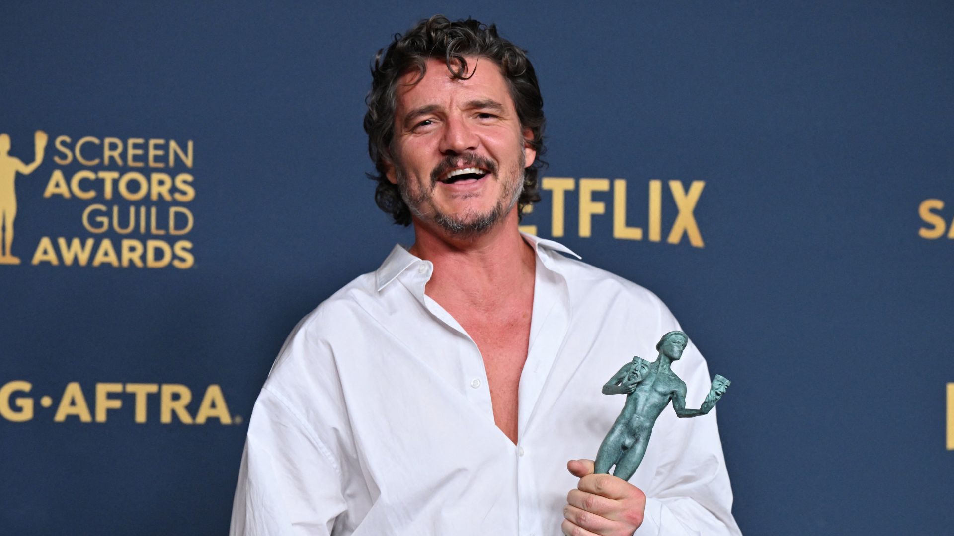 Chilean-US actor Pedro Pascal poses in the press room with the award for Outstanding Performance by a Male Actor in a Drama Series for &quot;The Last of Us&quot; during the 30th Annual Screen Actors Guild awards at the Shrine Auditorium in Los Angeles, February 24, 2024.