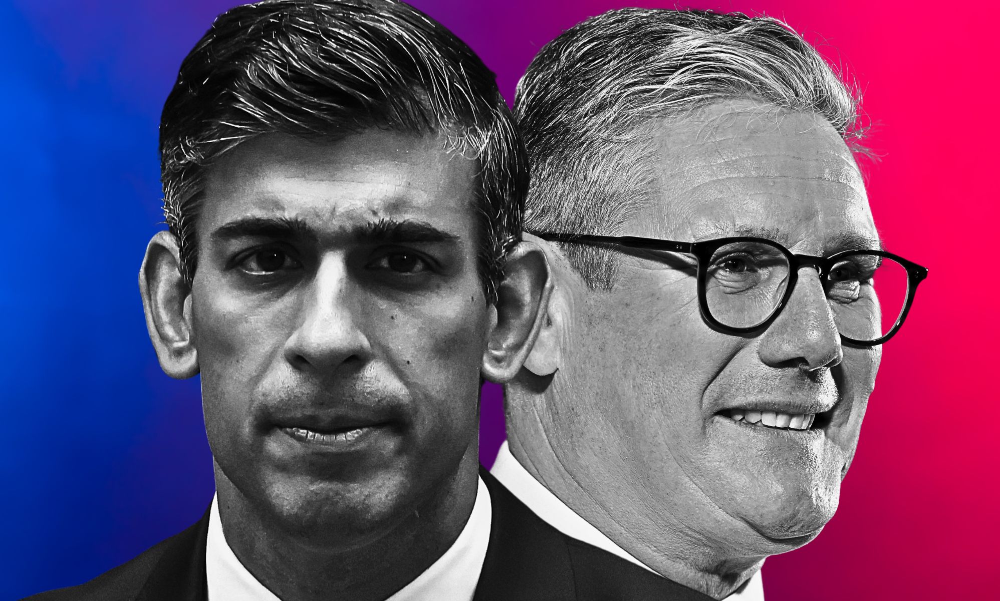A picture of Rishi Sunak and Keir Starmer photoshopped across a red and blue background.