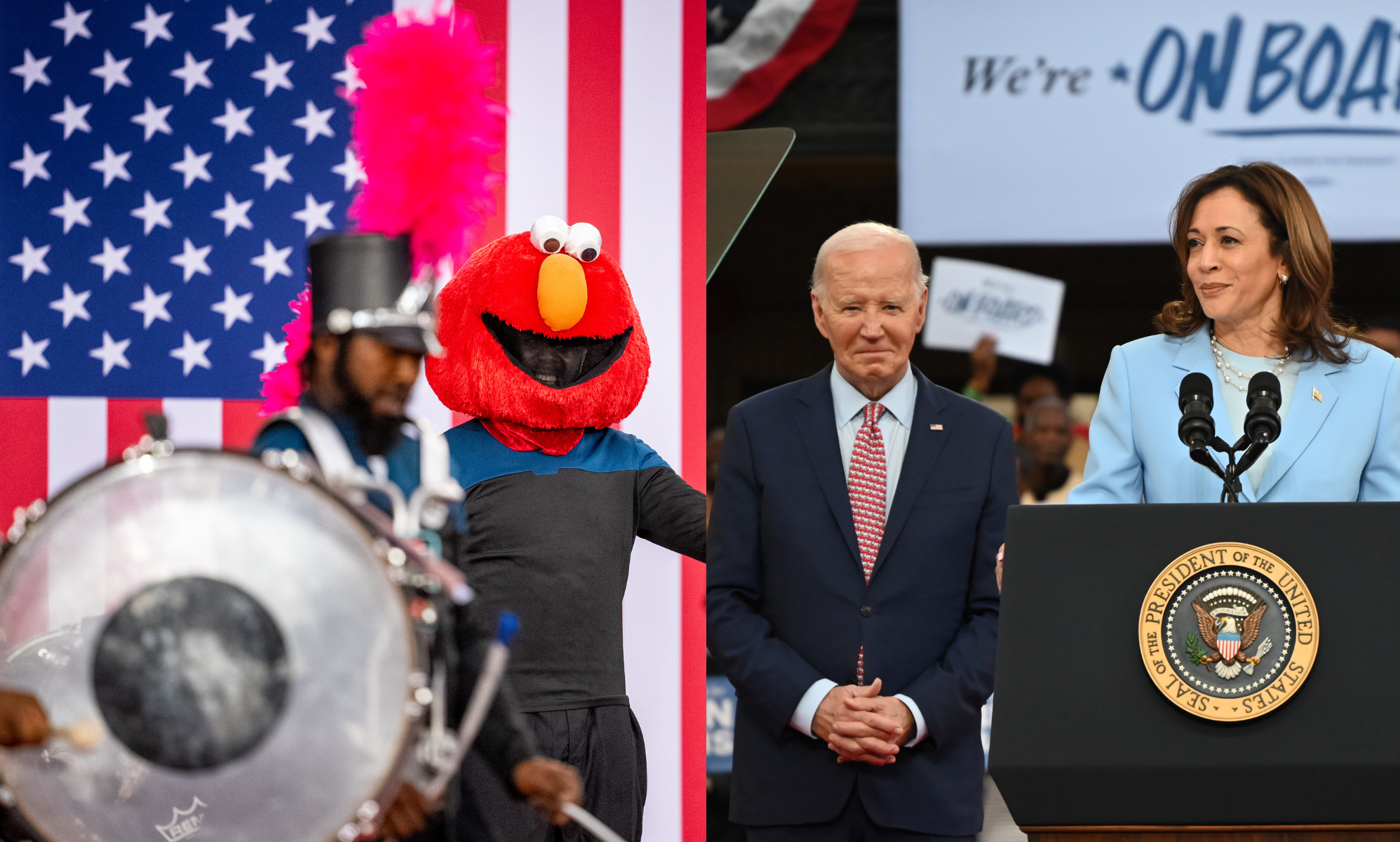 Elmo appears on stage at the Biden-Harris rally, and it's a crossover we never thought we'd see