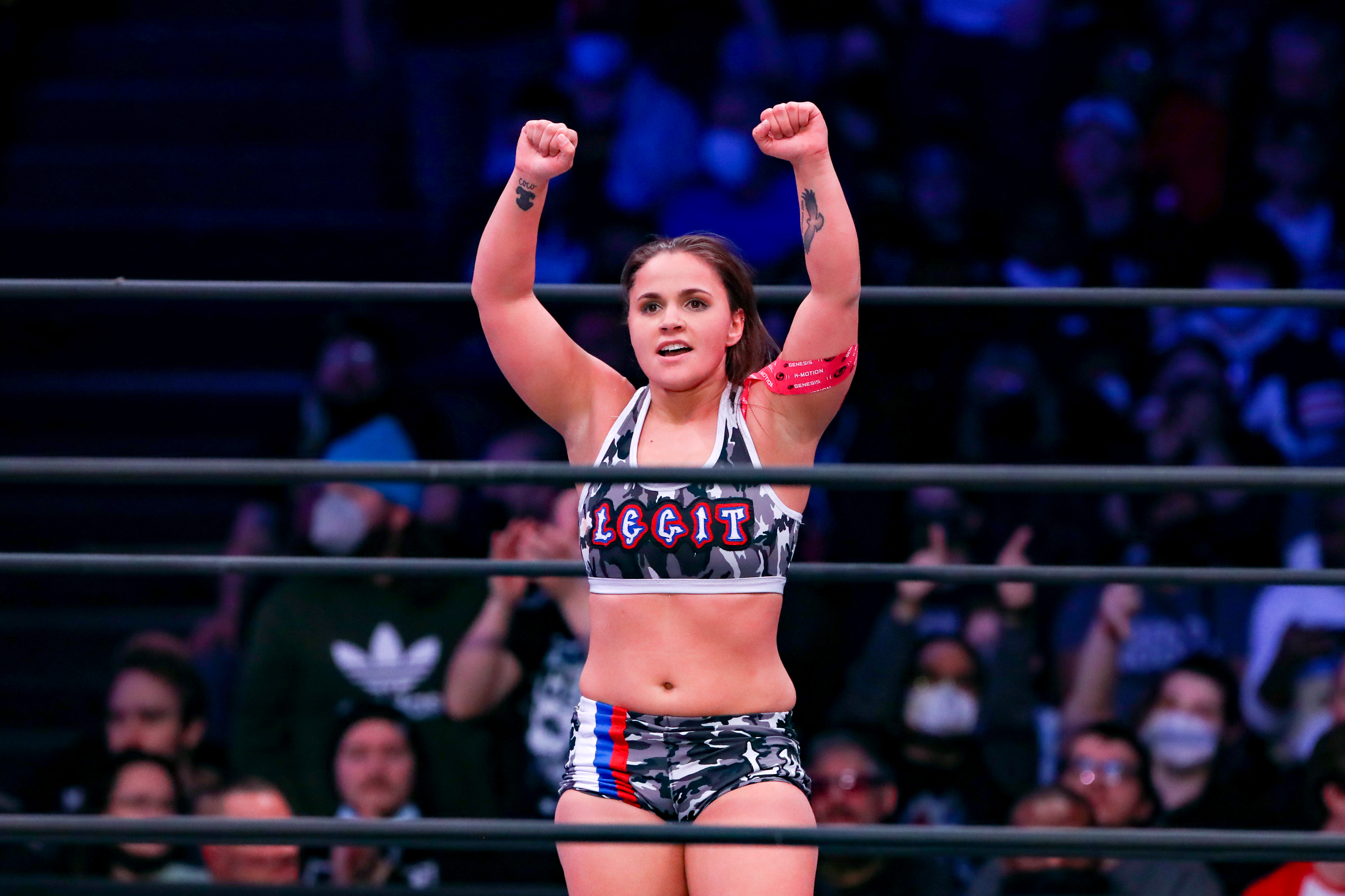 Leyla Hirsch celebrates after winning her match during AEW