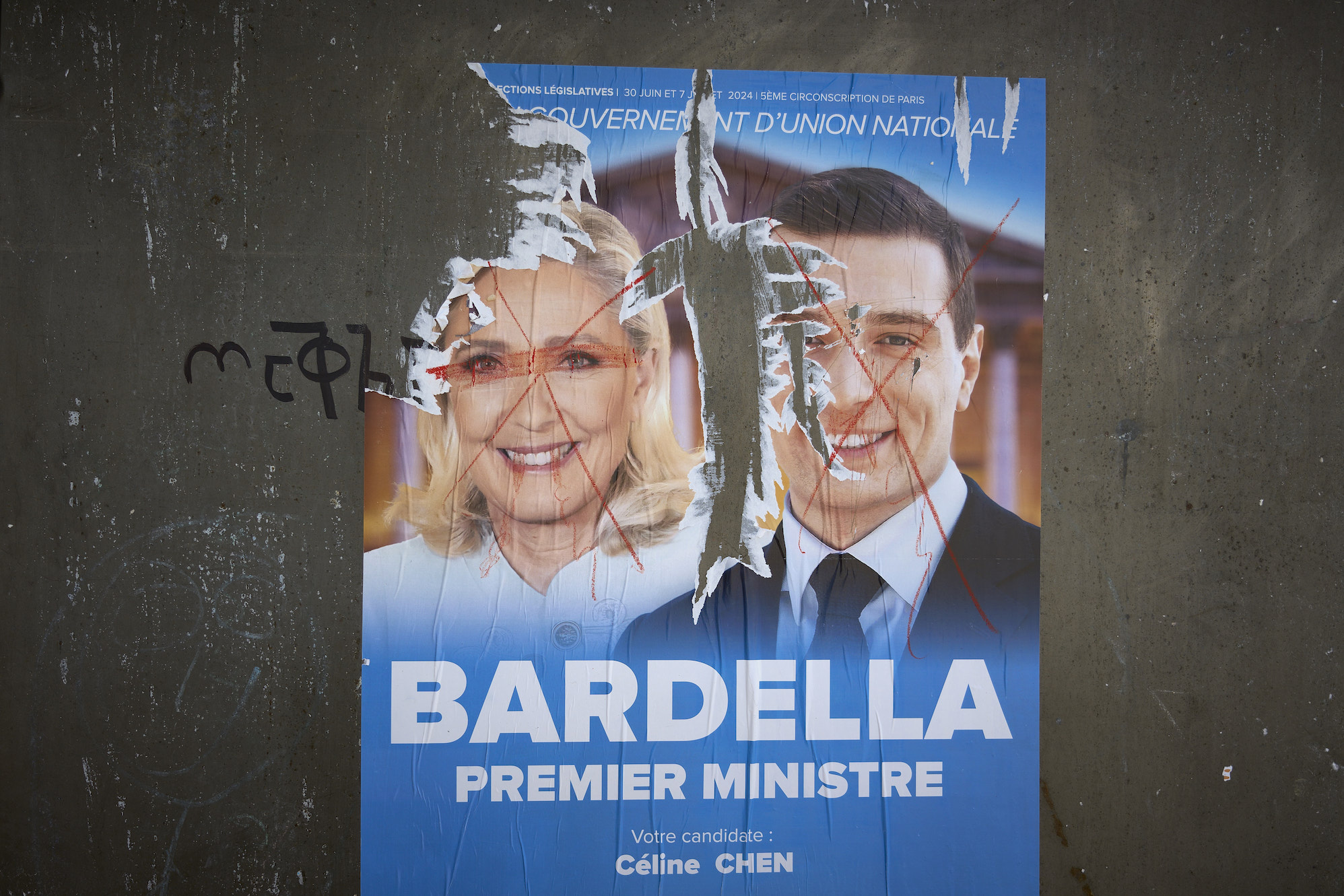 Posters bearing the faces of Marine Le Pen (left) and Jordan Bardella (right)