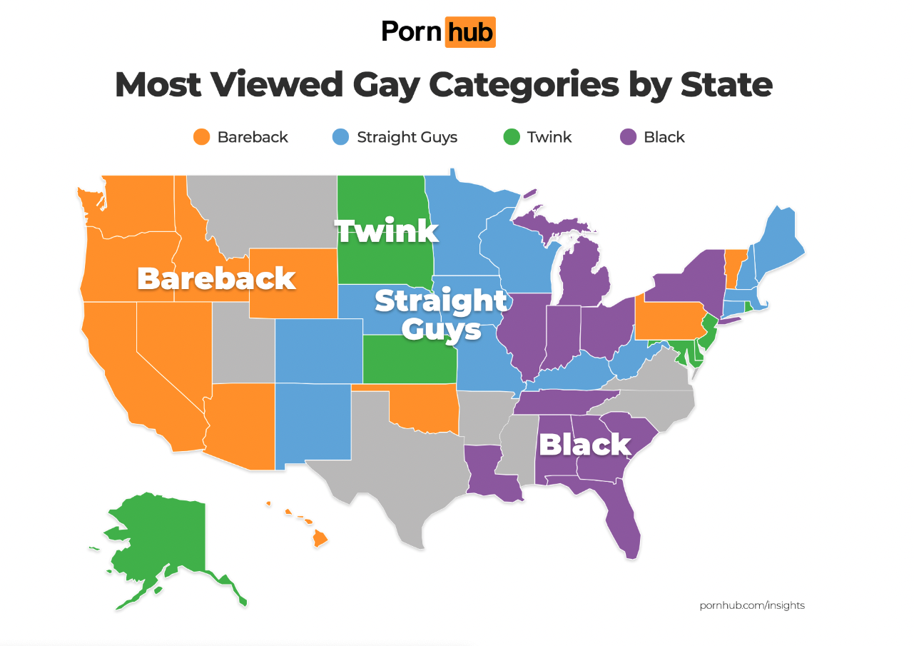 This is a graphic highlighting the regions in the United States and their preferred gay porn categories.
