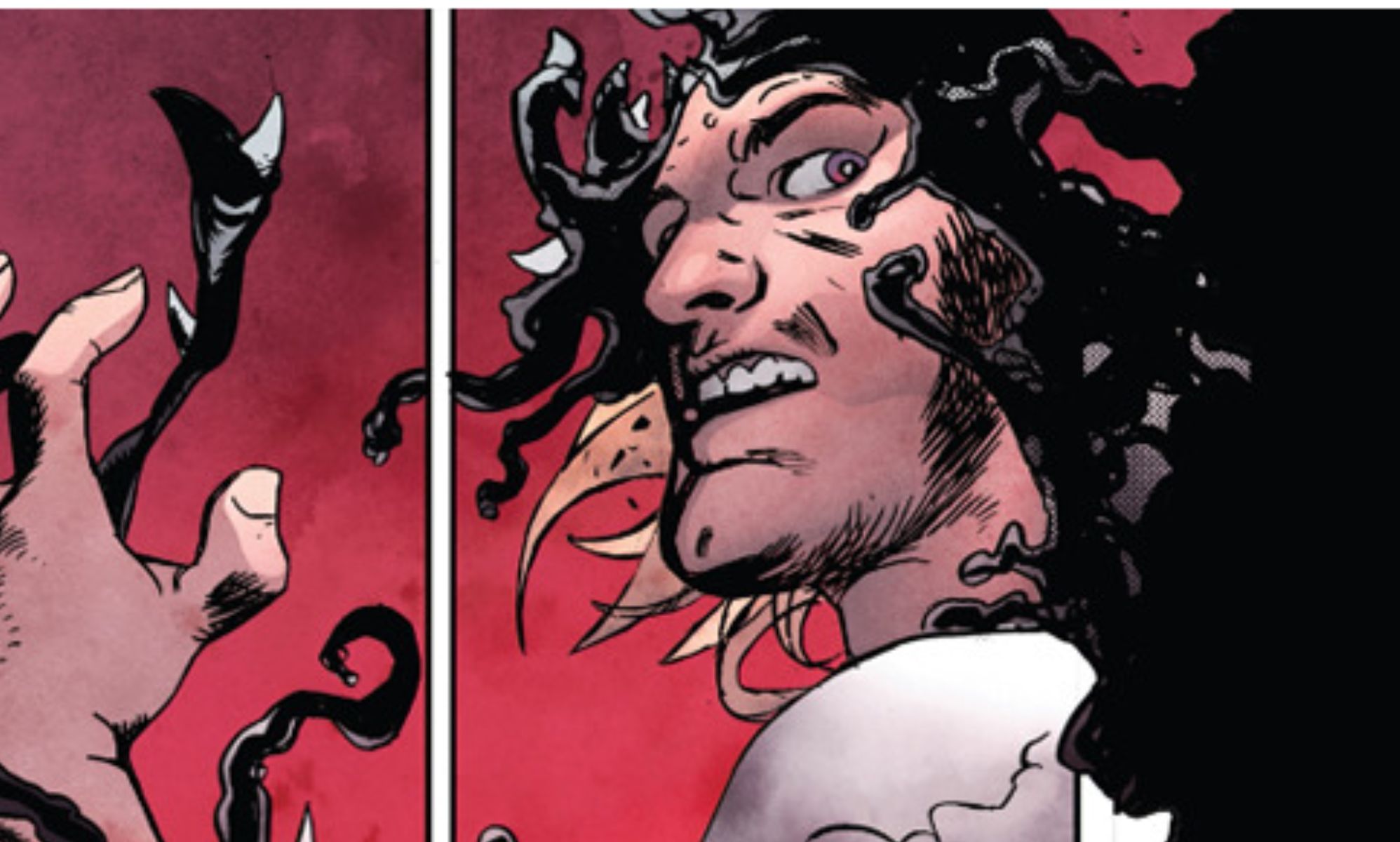 A panel showing Eddie Brock covered in the Venom symbiote.