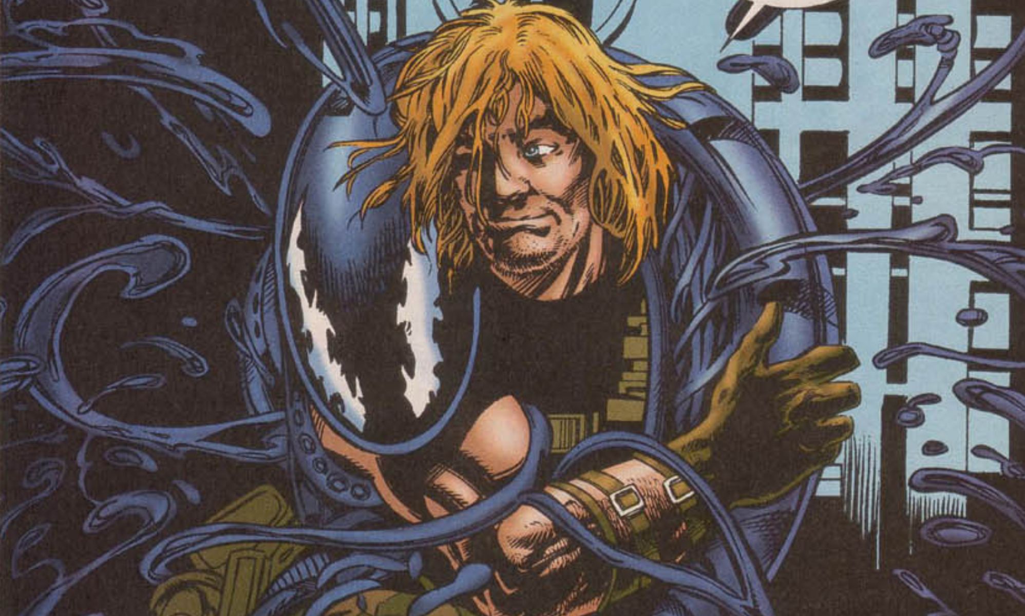 Venom being embraced by Eddie Brock in a 1996 issue of Venom: The Hunger. 